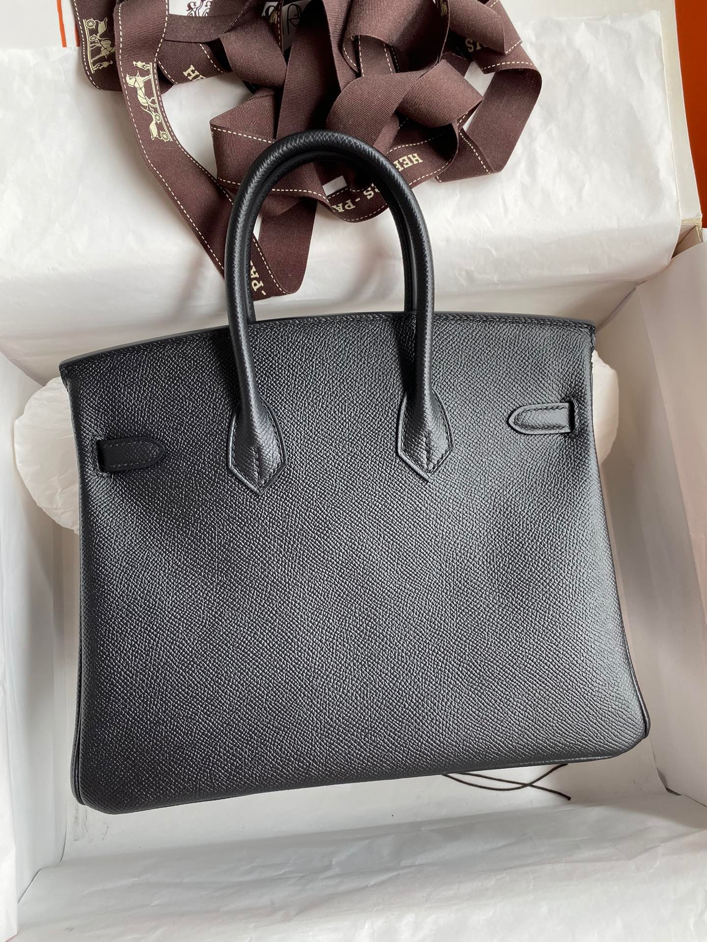 H**mes birkin 25 retourne handmade bag in black epsom calfskin