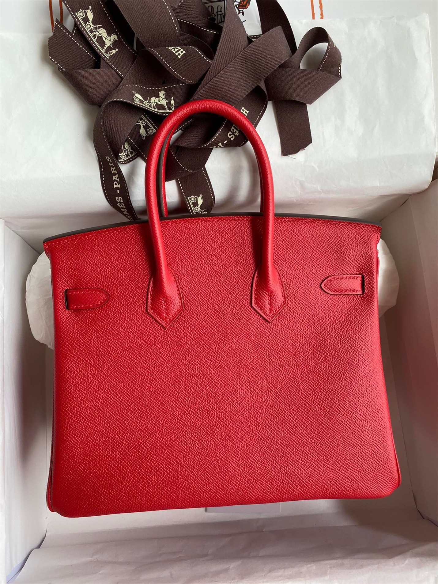 H**mes birkin 25 retourne handmade bag in red epsom calfskin
