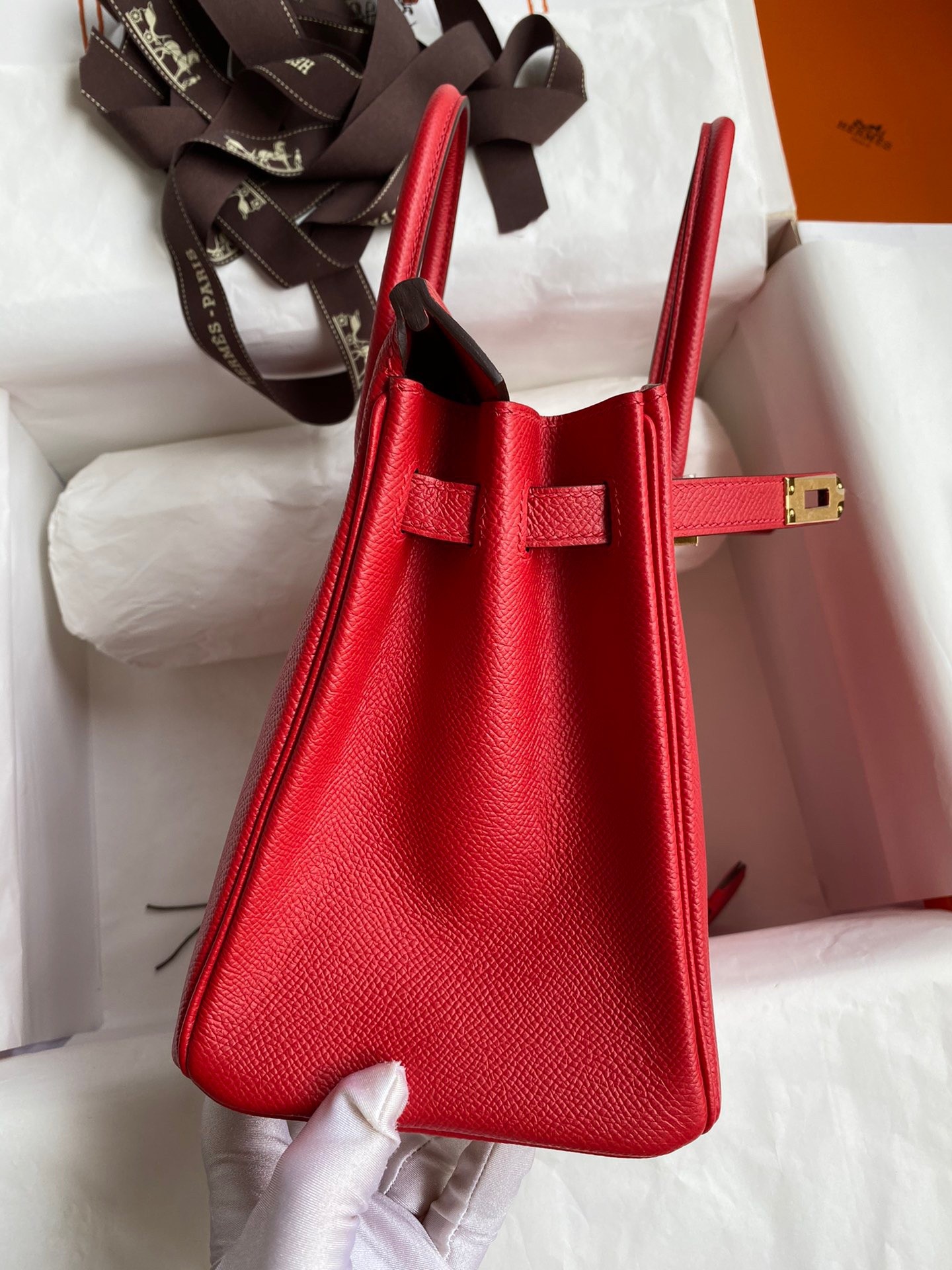 H**mes birkin 25 retourne handmade bag in red epsom calfskin