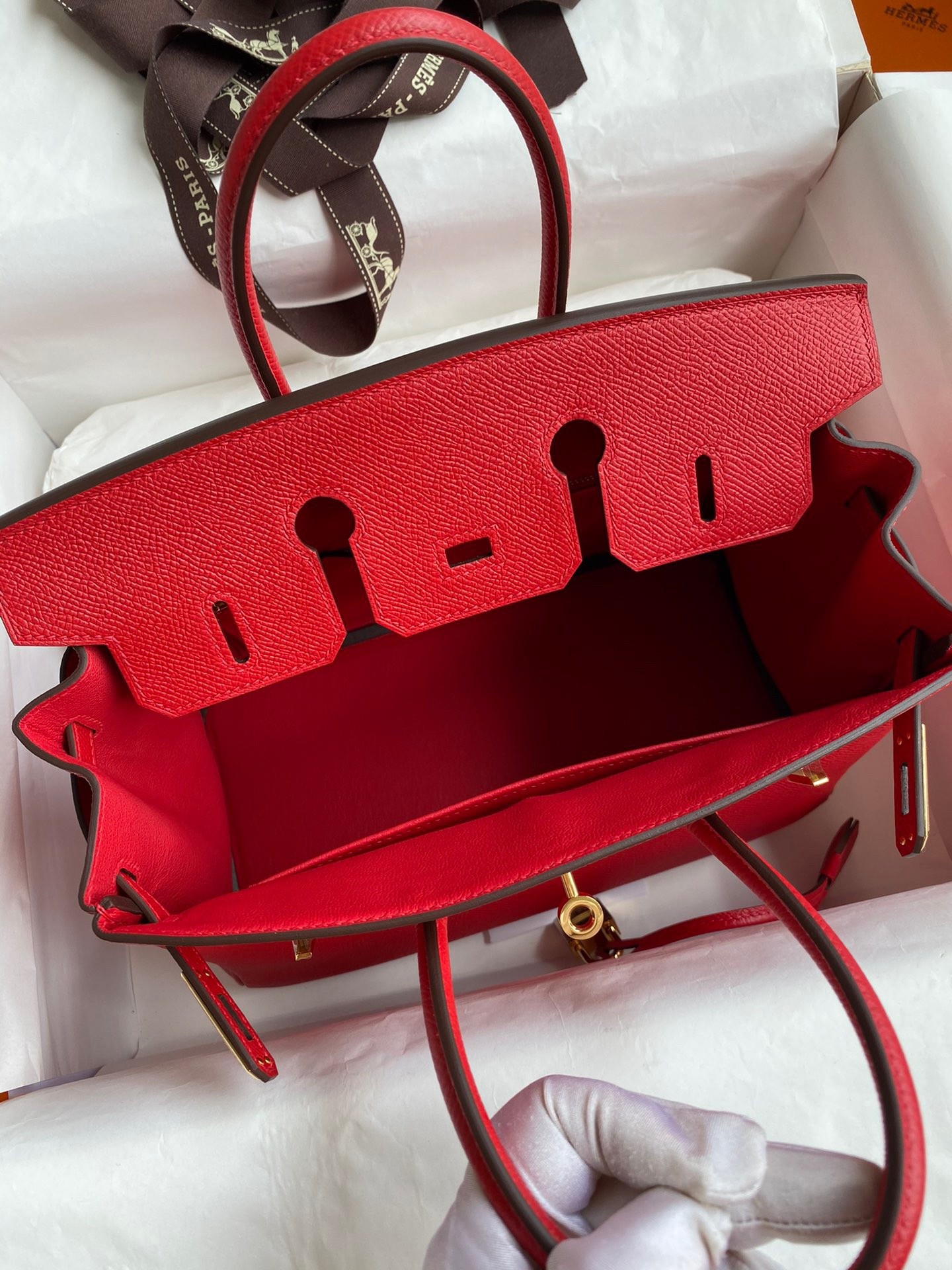 H**mes birkin 25 retourne handmade bag in red epsom calfskin