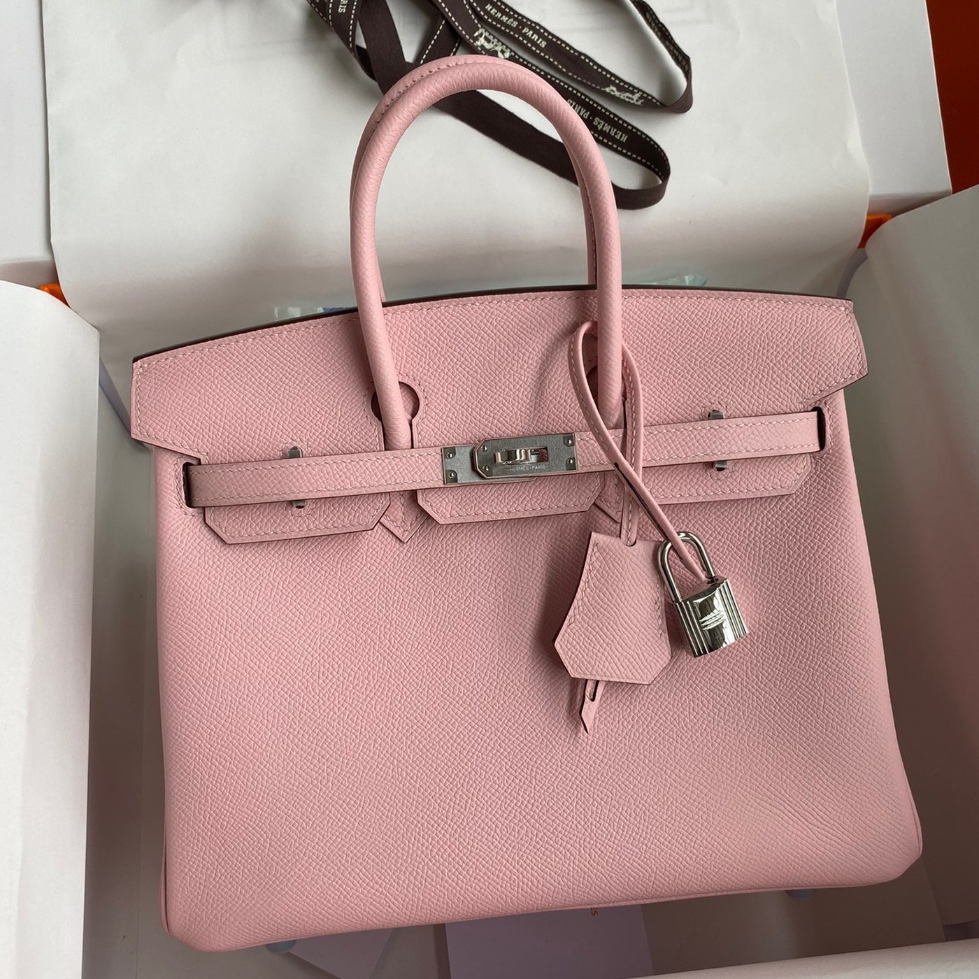 H**mes birkin 25 retourne handmade bag in rose sakura epsom calfskin