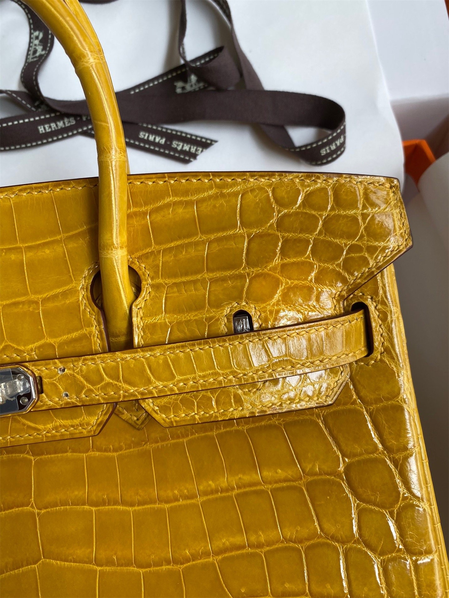 H**mes birkin 25 handmade bag in yellow crocodile niloticus shiny skin