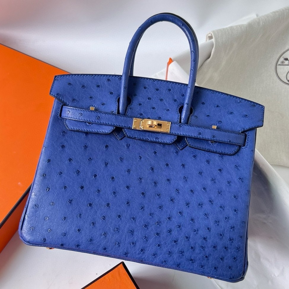 H**mes birkin 25 retourne handmade bag in blue zellige ostrich leather