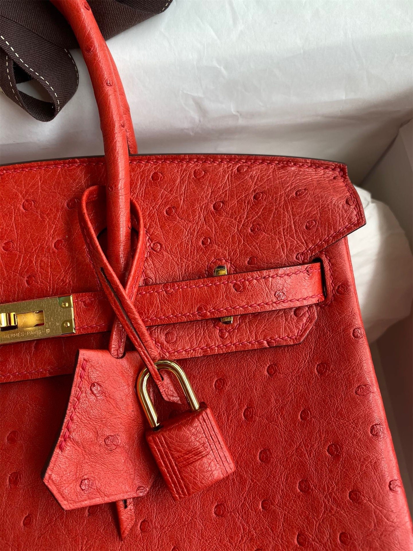H**mes birkin 25 retourne handmade bag in red ostrich leather