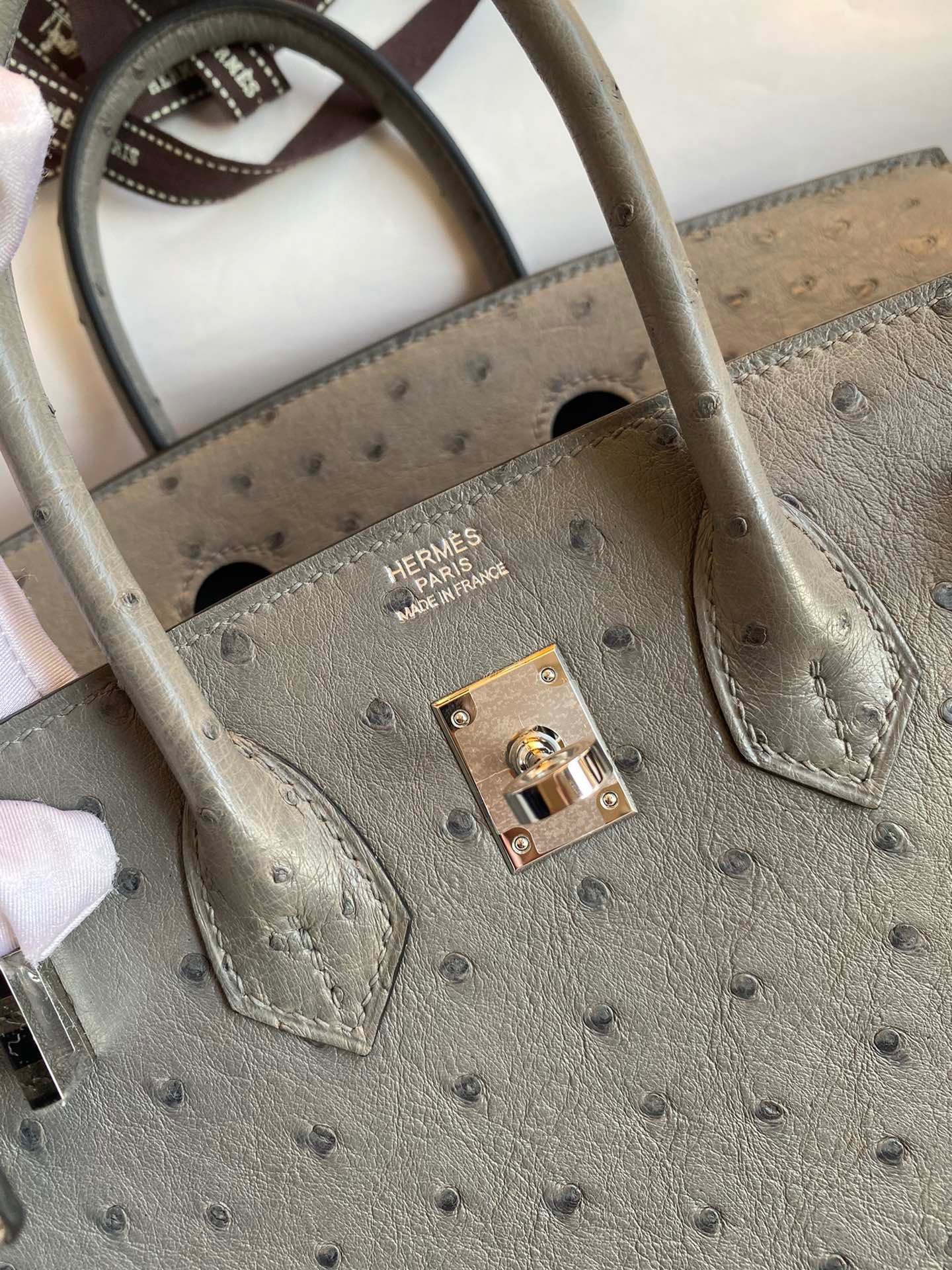H**mes birkin 25 retourne handmade bag in gris tourterelle ostrich leather