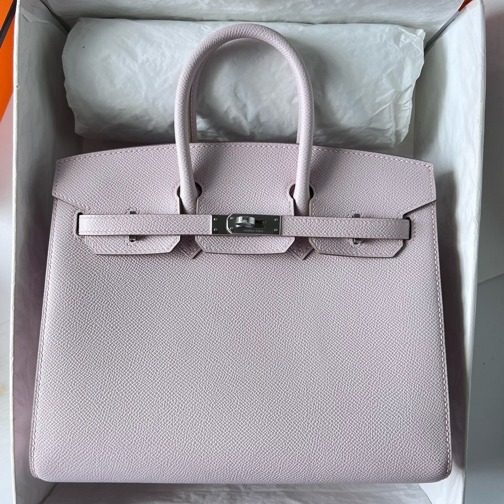 H**mes birkin 25 sellier handmade bag in mauve pale epsom calfskin