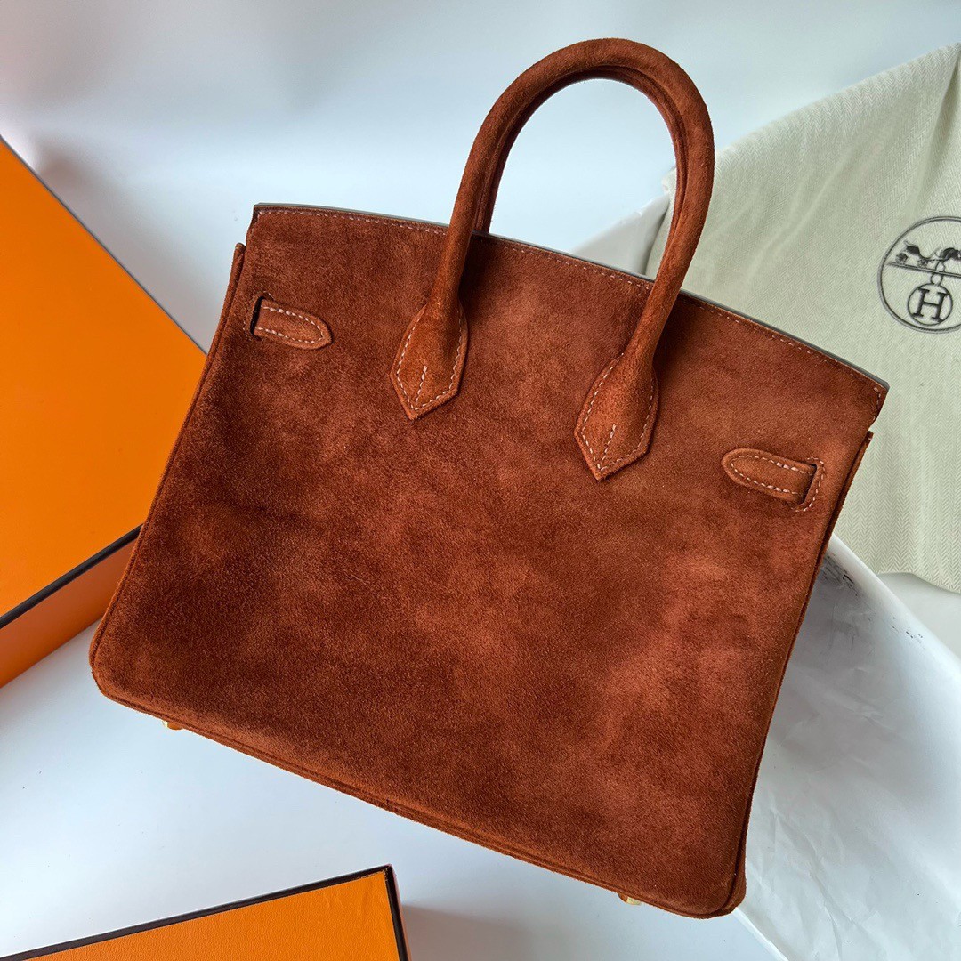 H**mes birkin 25 retourne handmade bag in brown doblis suede leather