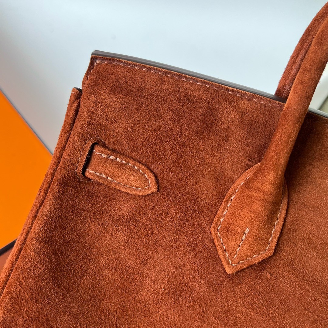 H**mes birkin 25 retourne handmade bag in brown doblis suede leather