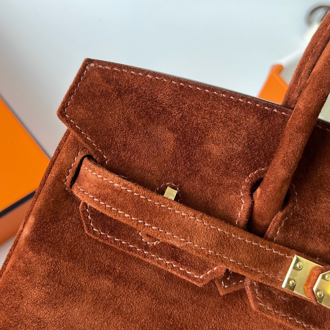 H**mes birkin 25 retourne handmade bag in brown doblis suede leather