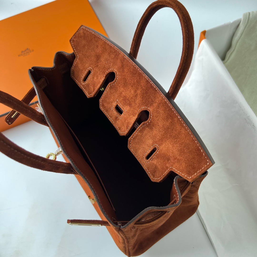 H**mes birkin 25 retourne handmade bag in brown doblis suede leather