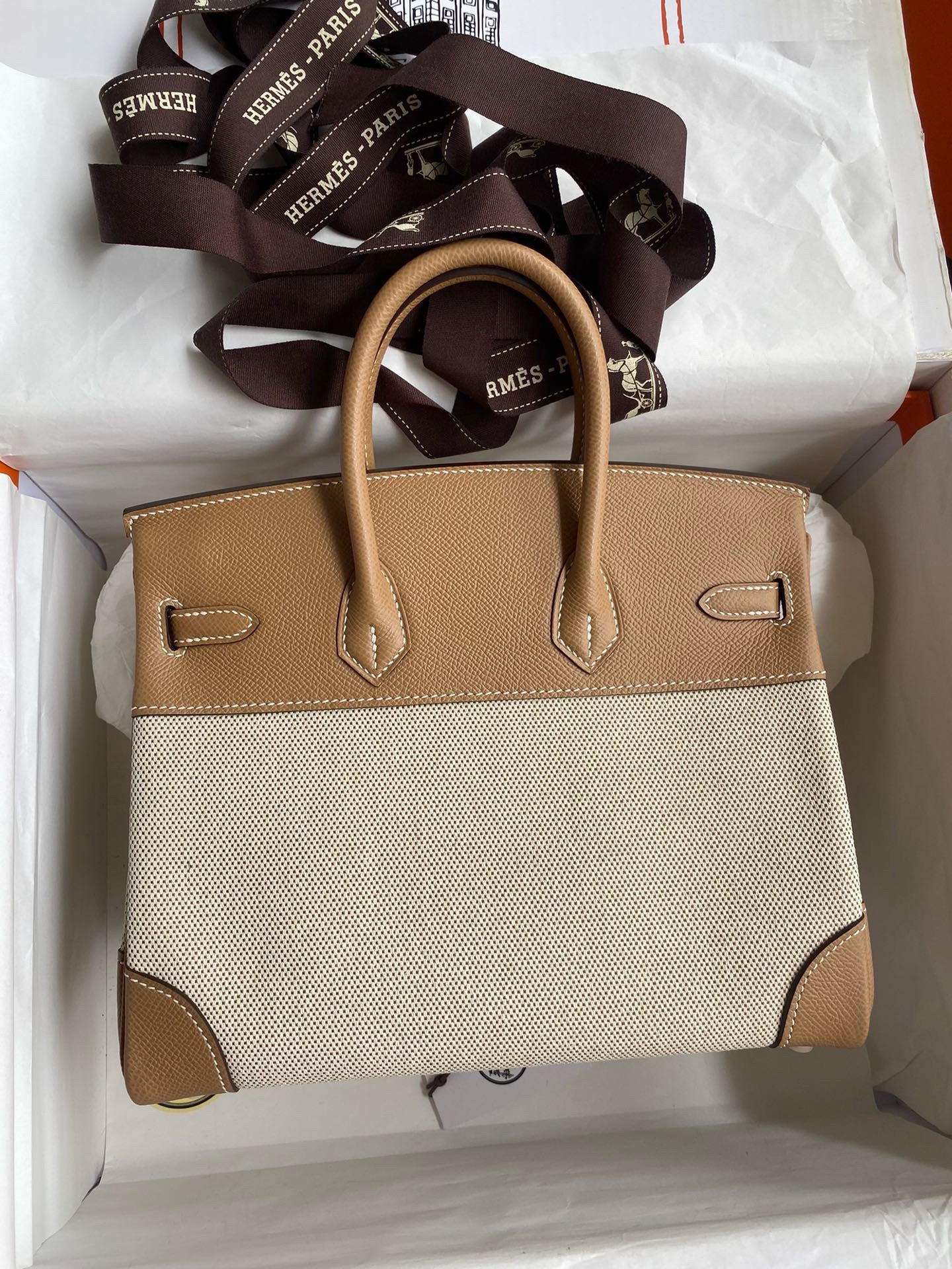 H**mes birkin 25 handmade bag in toile & chai epsom leather