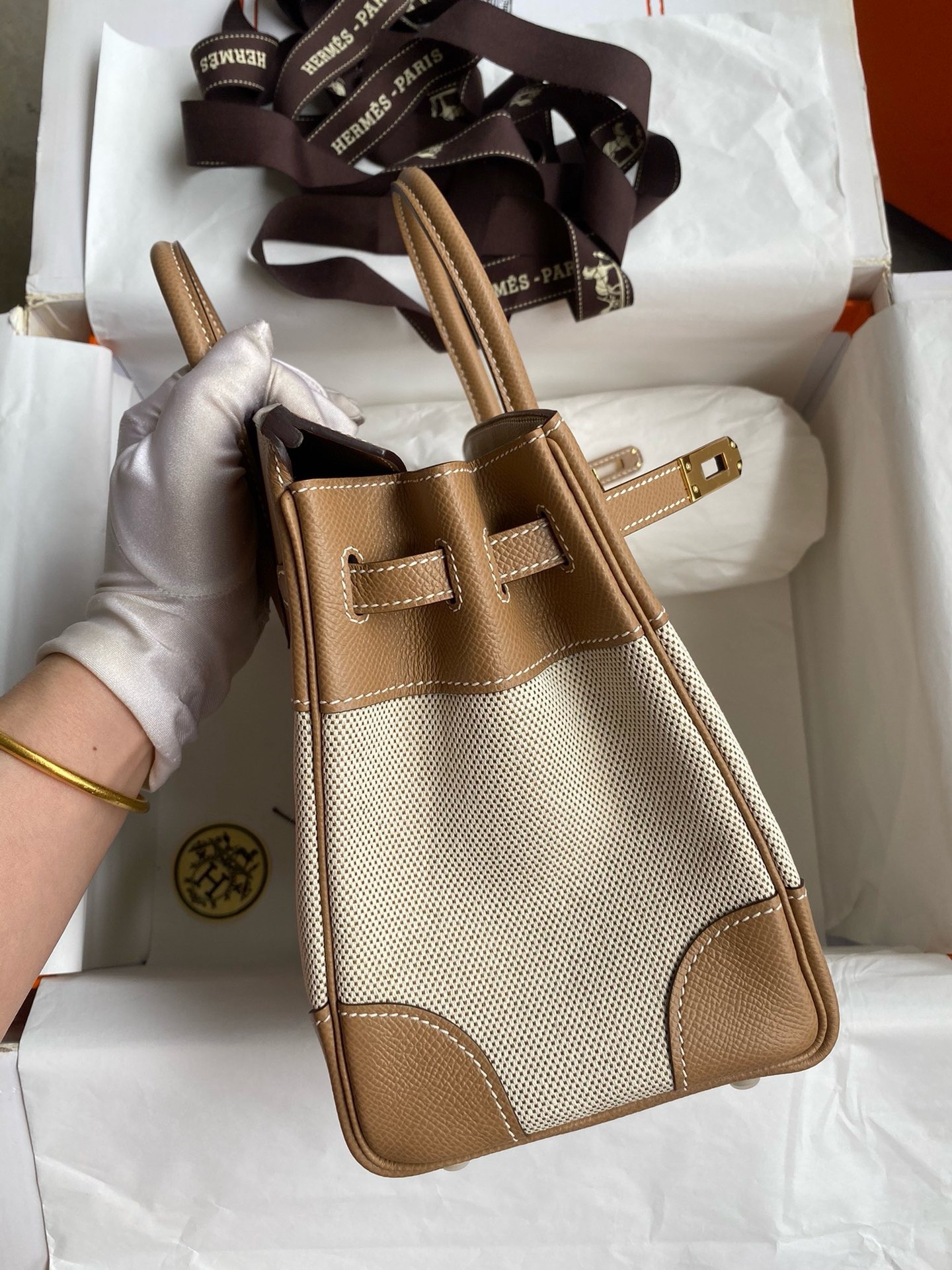 H**mes birkin 25 handmade bag in toile & chai epsom leather