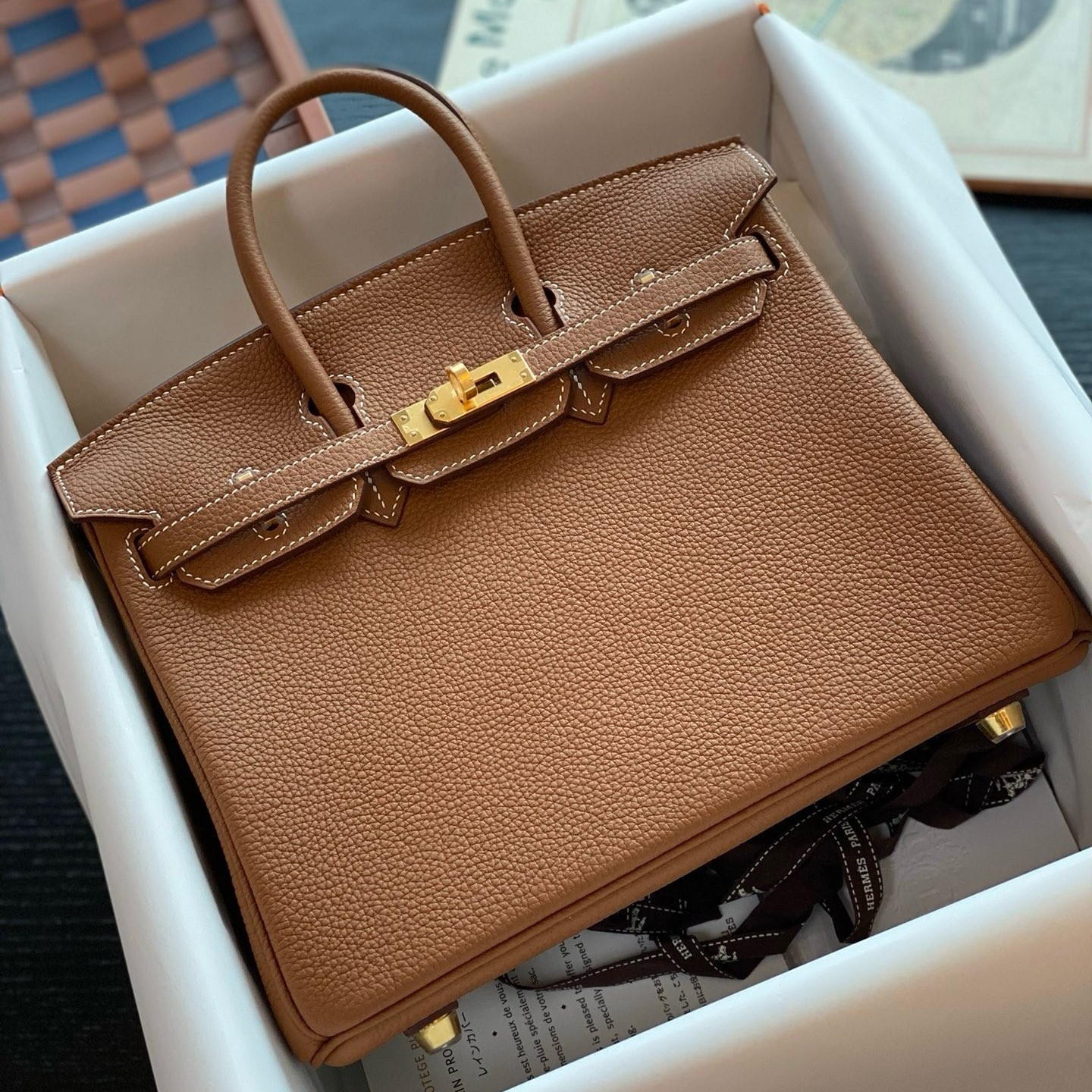 H**mes birkin 25 retourne handmade bag in gold togo leather