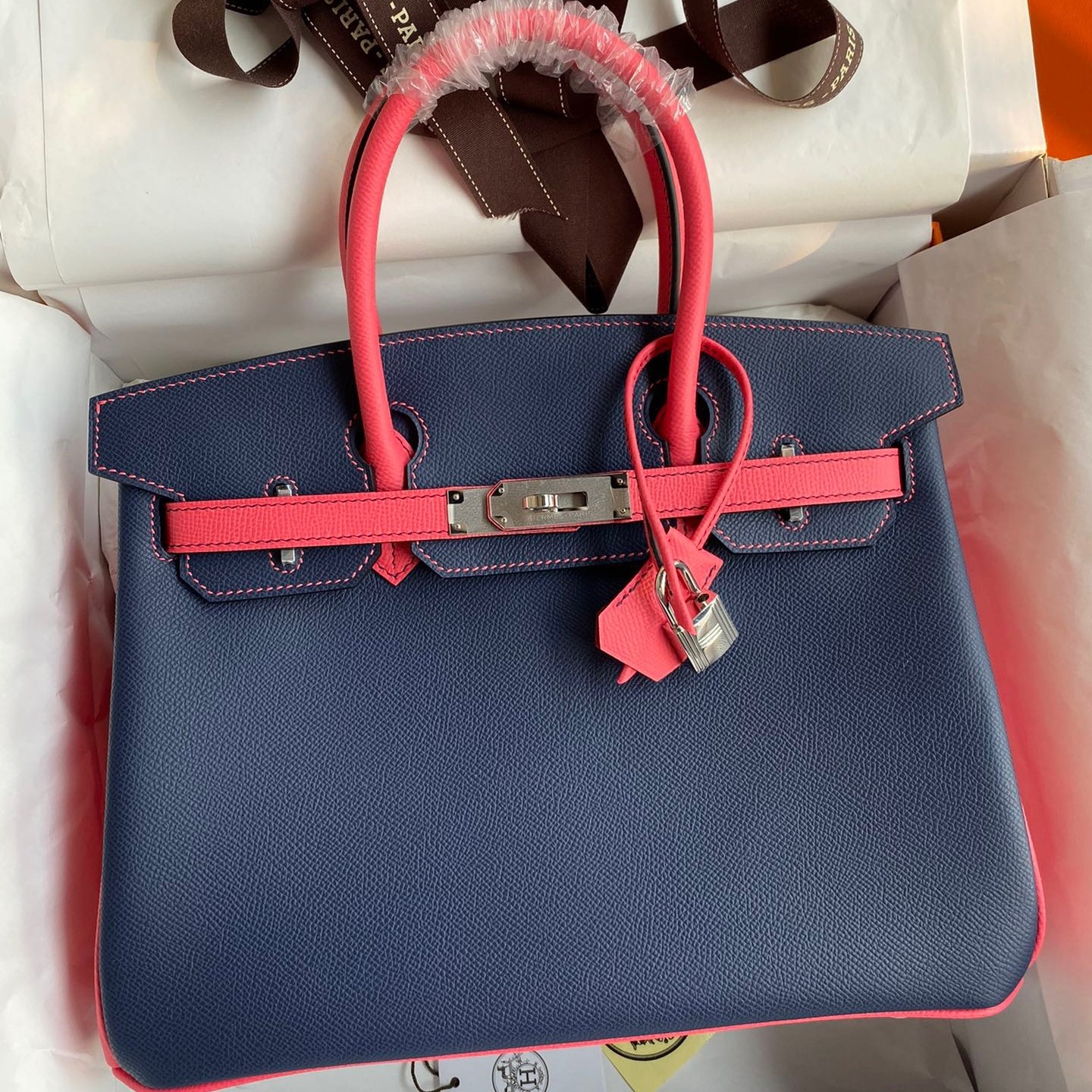 H**mes hss birkin 30 bicolor bag in blue saphir and rose lipstick epsom calfskin