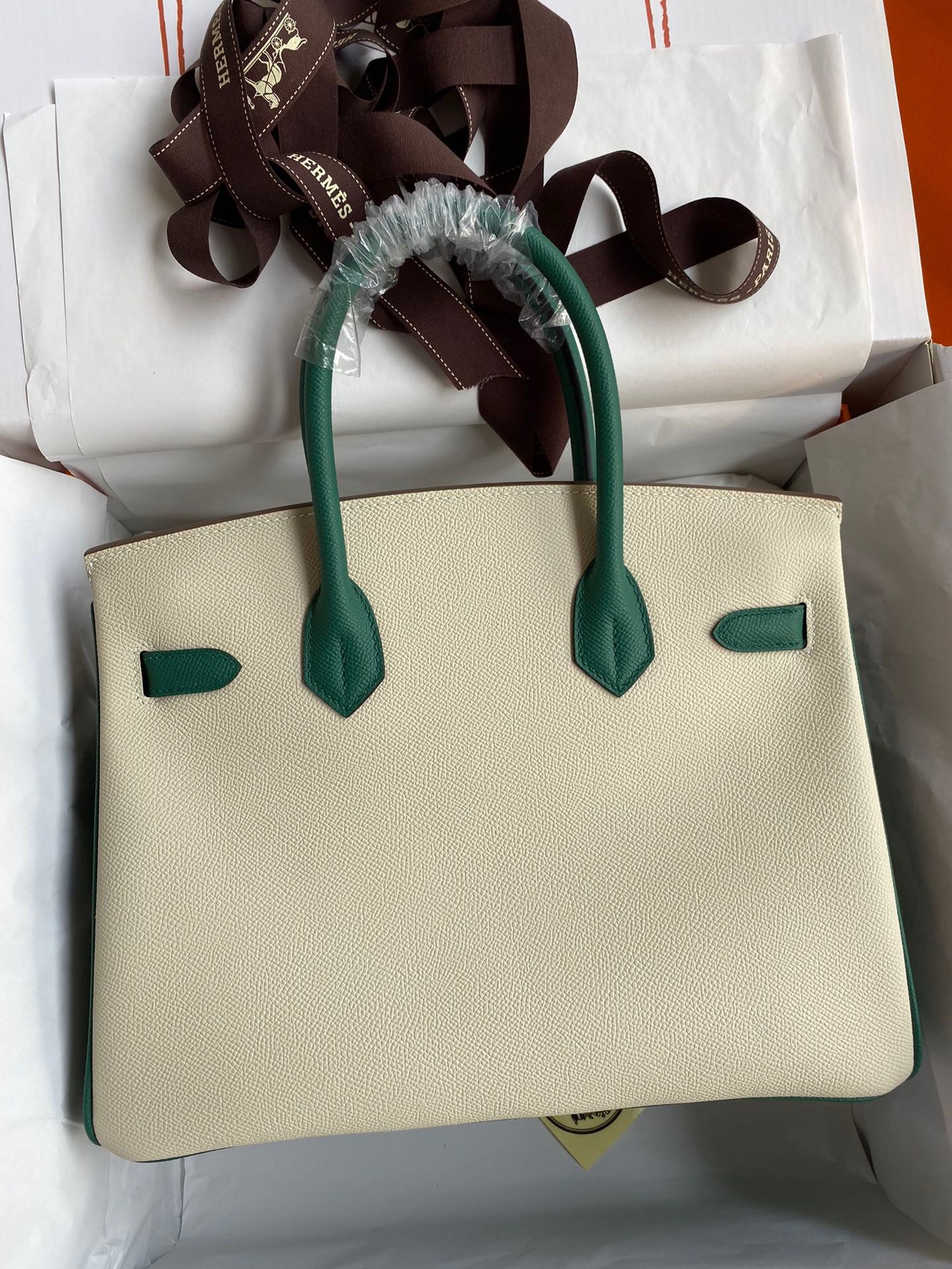 H**mes hss birkin 30 bicolor bag in craie and malachite epsom calfskin