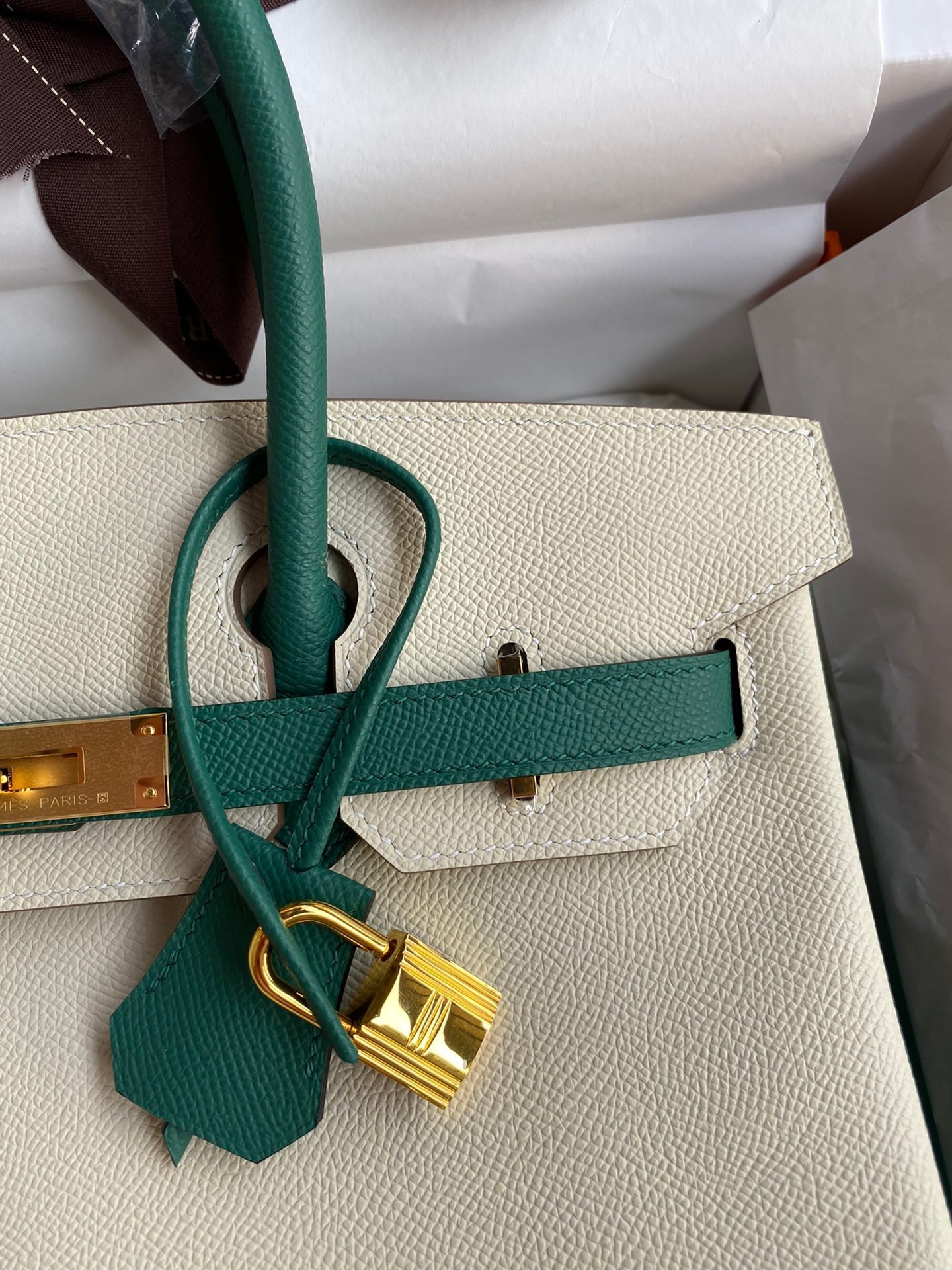 H**mes hss birkin 30 bicolor bag in craie and malachite epsom calfskin