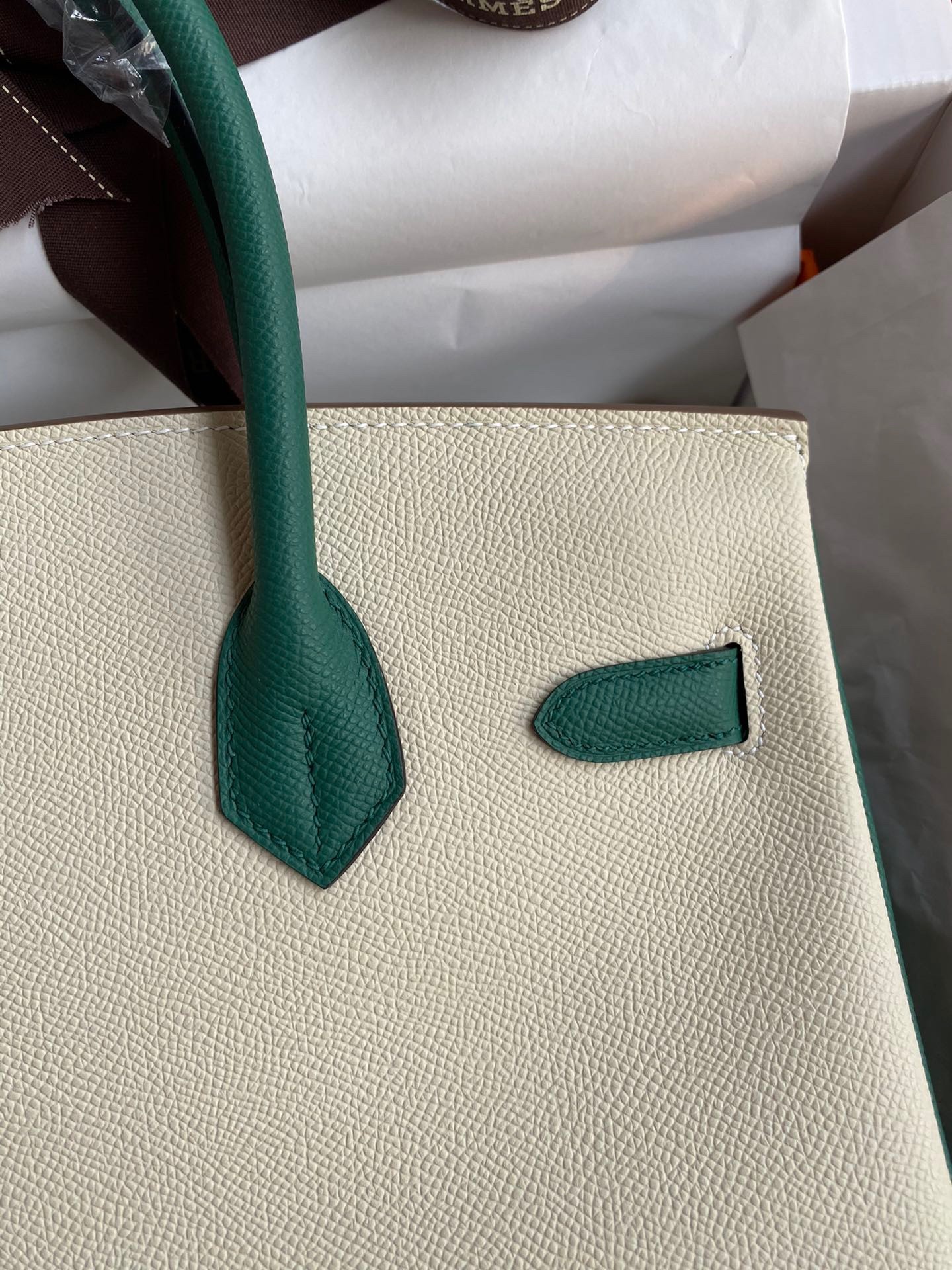 H**mes hss birkin 30 bicolor bag in craie and malachite epsom calfskin