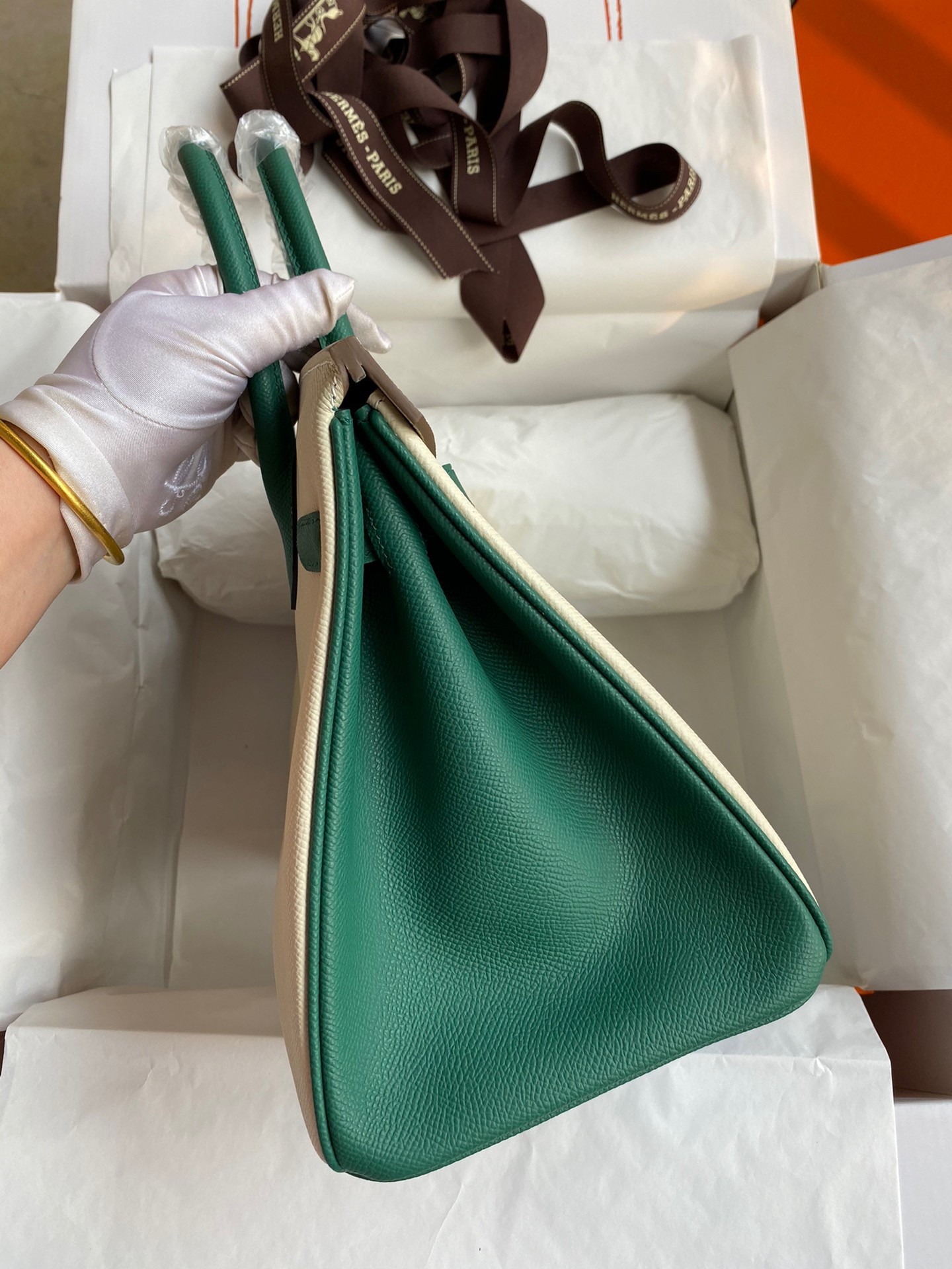 H**mes hss birkin 30 bicolor bag in craie and malachite epsom calfskin
