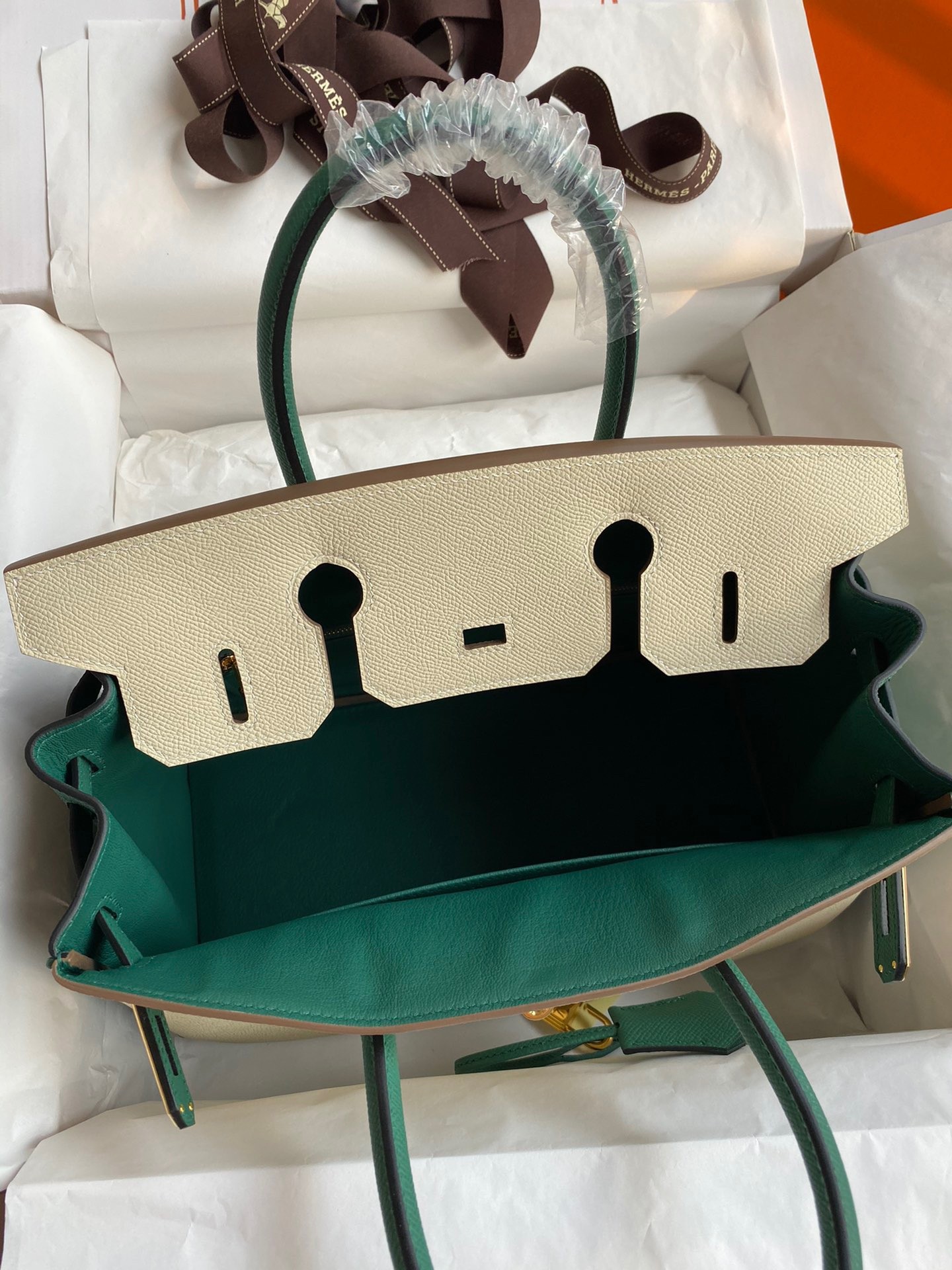 H**mes hss birkin 30 bicolor bag in craie and malachite epsom calfskin