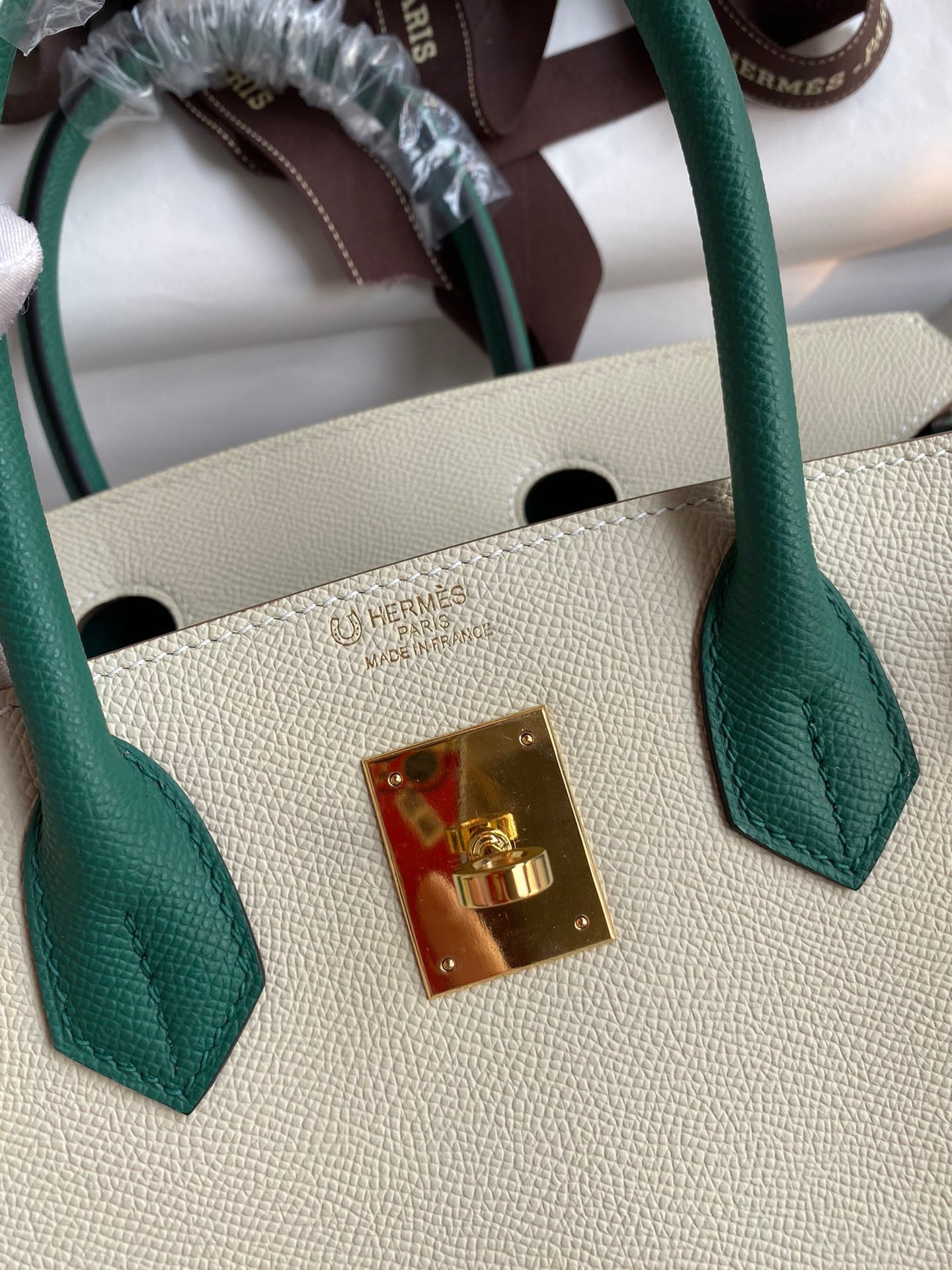 H**mes hss birkin 30 bicolor bag in craie and malachite epsom calfskin