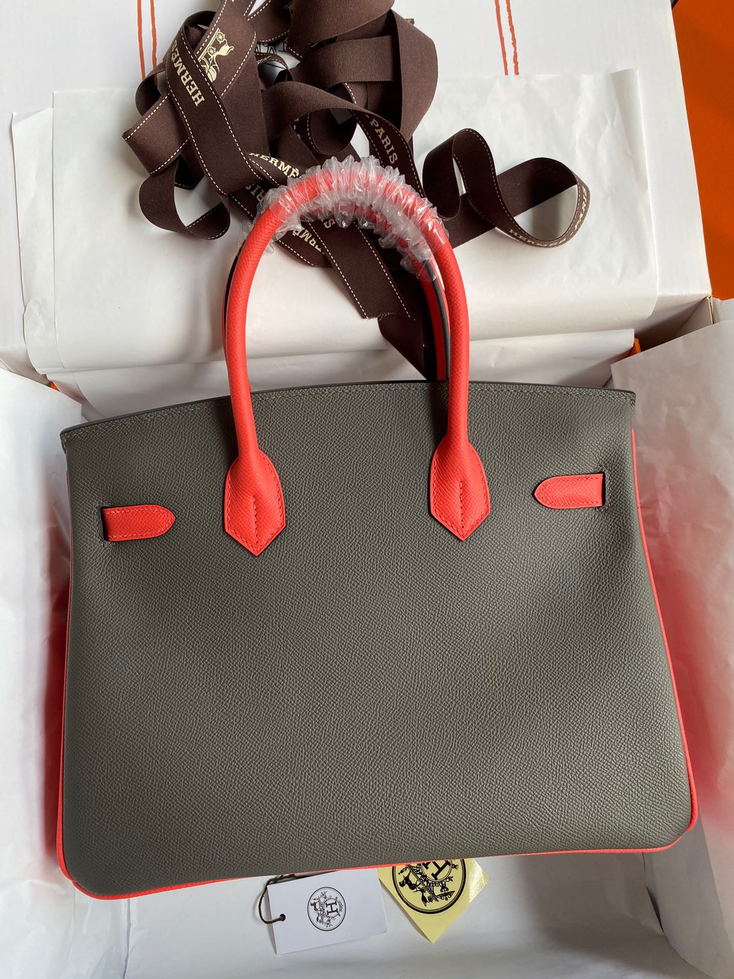 H**mes hss birkin 30 bicolor bag in etain and piment epsom calfskin