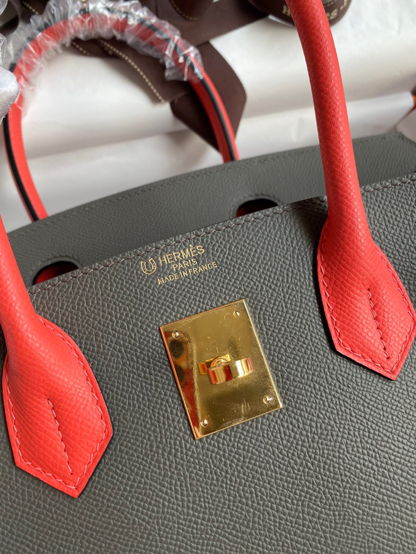 H**mes hss birkin 30 bicolor bag in etain and piment epsom calfskin