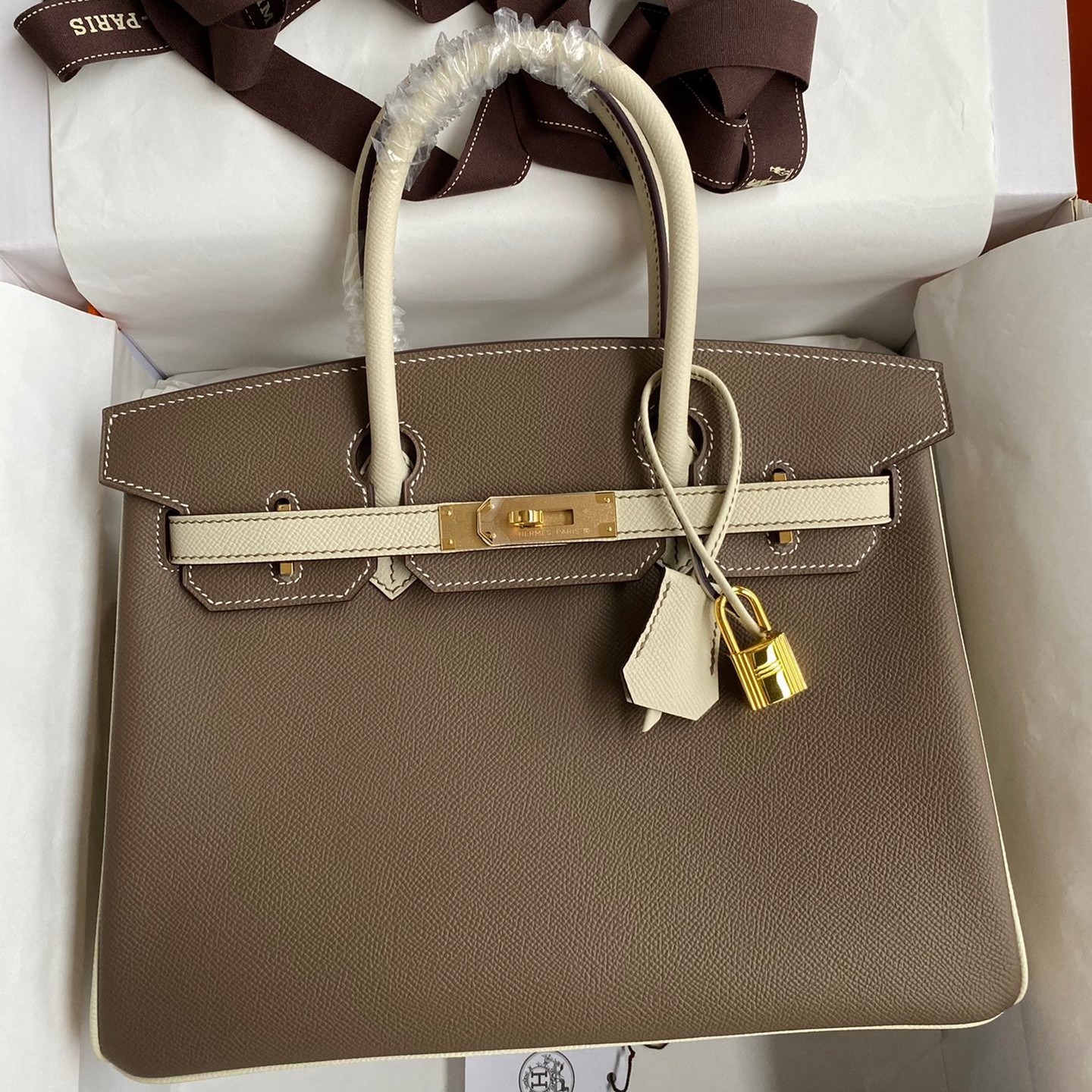 H**mes hss birkin 30 bicolor bag in taupe and craie epsom calfskin