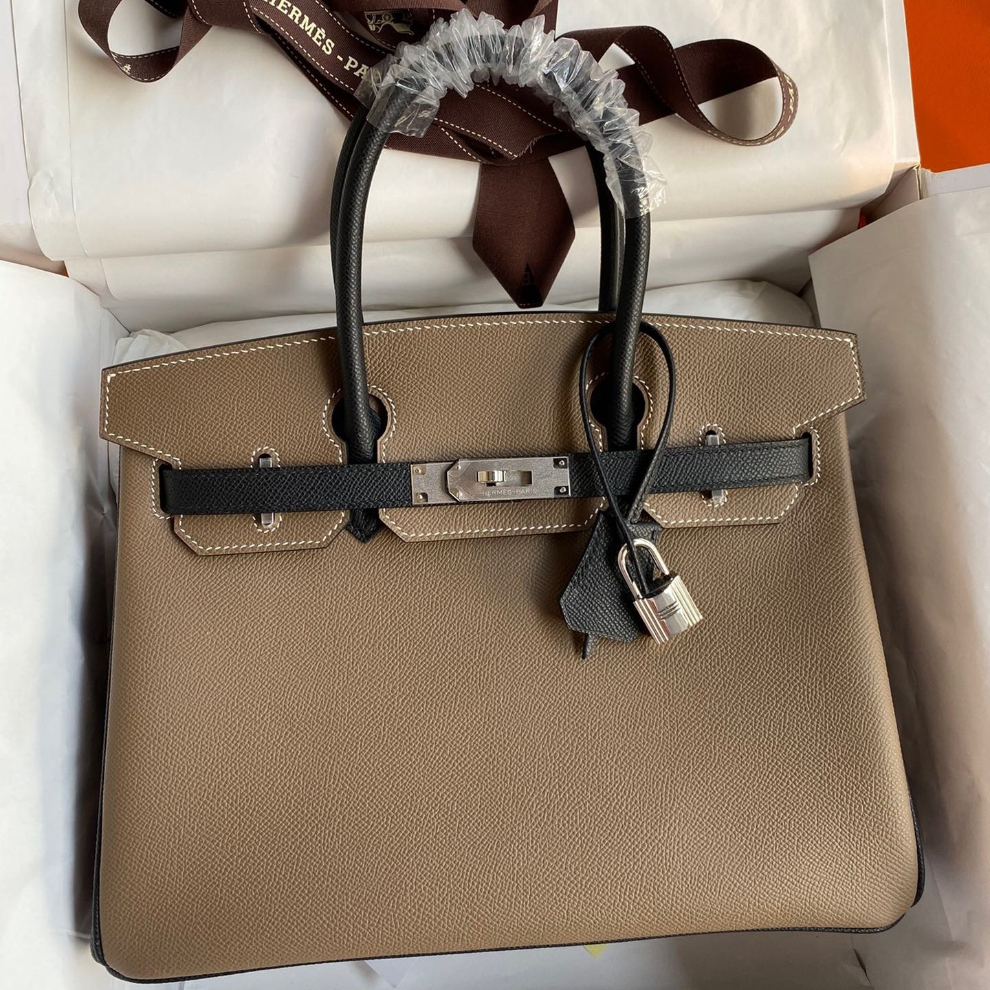 H**mes hss birkin 30 bicolor bag in taupe and black epsom calfskin