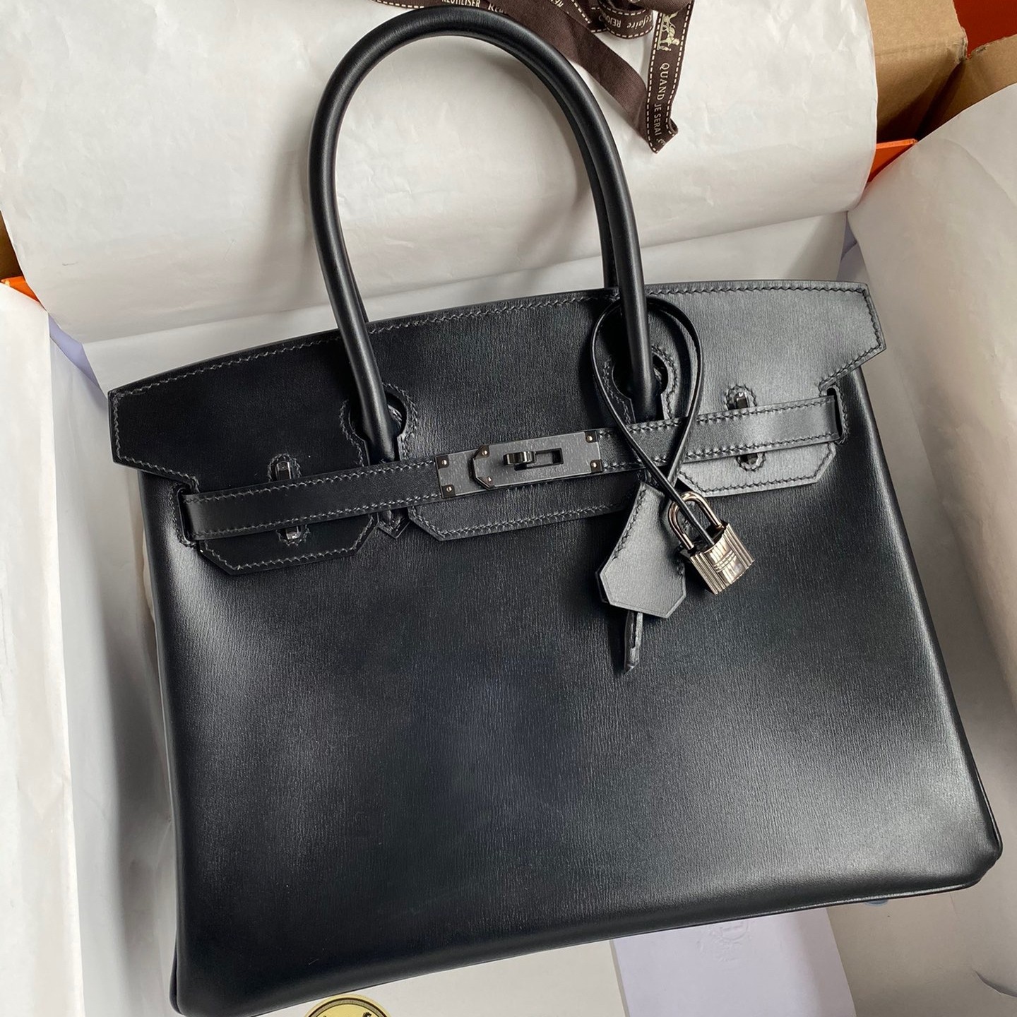 H**mes birkin 30 retourne handmade bag in black box calfskin