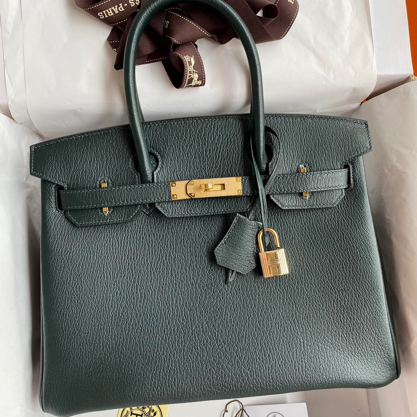 H**mes birkin 30 retourne handmade bag in vert cypres chevre mysore leather