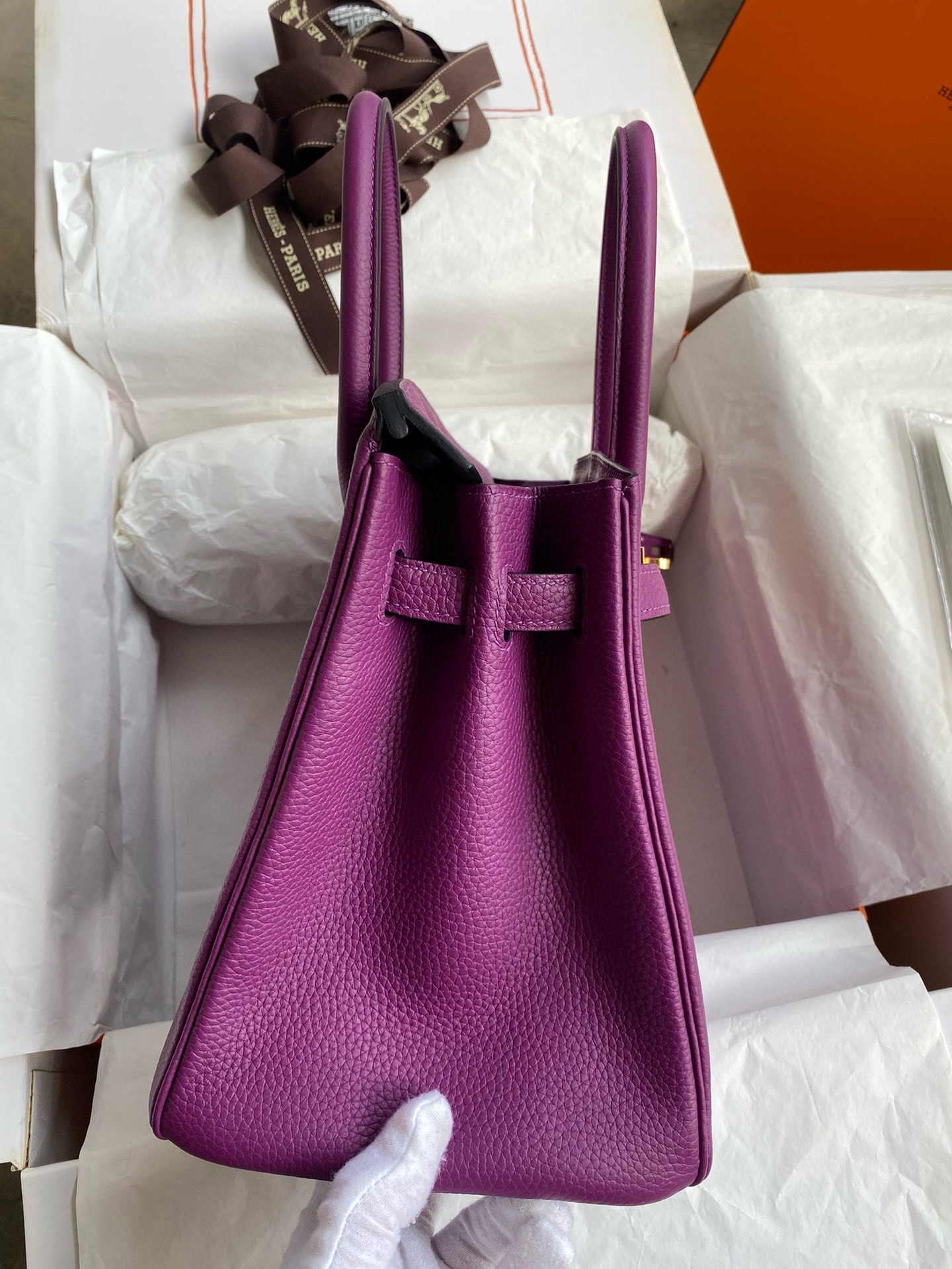 H**mes birkin 30 retourne handmade bag in anemone clemence leather