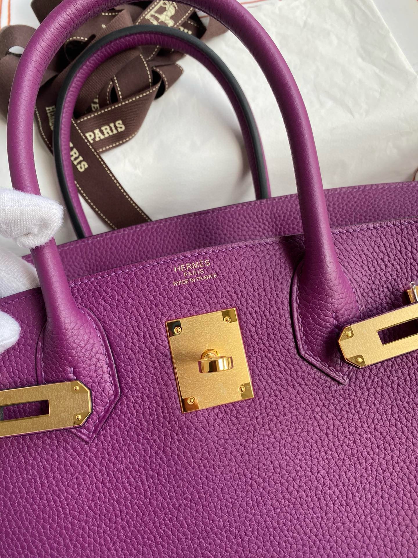H**mes birkin 30 retourne handmade bag in anemone clemence leather