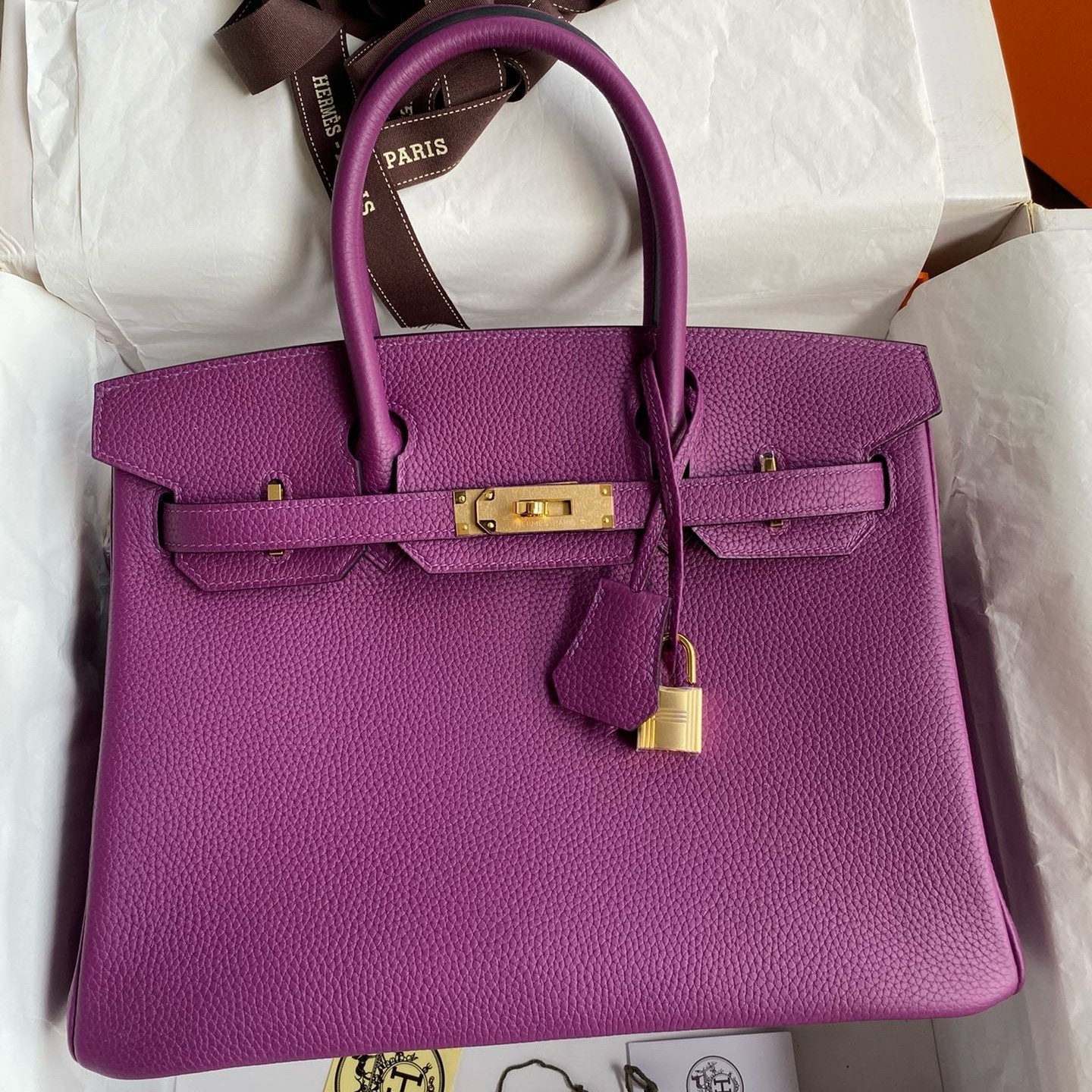 H**mes birkin 30 retourne handmade bag in anemone clemence leather
