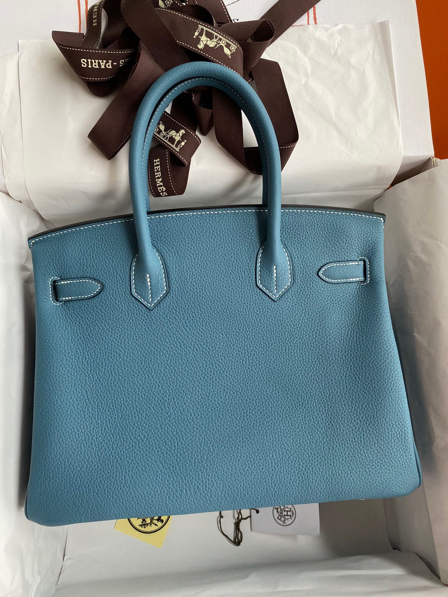 H**mes birkin 30 retourne handmade bag in blue jean clemence leather