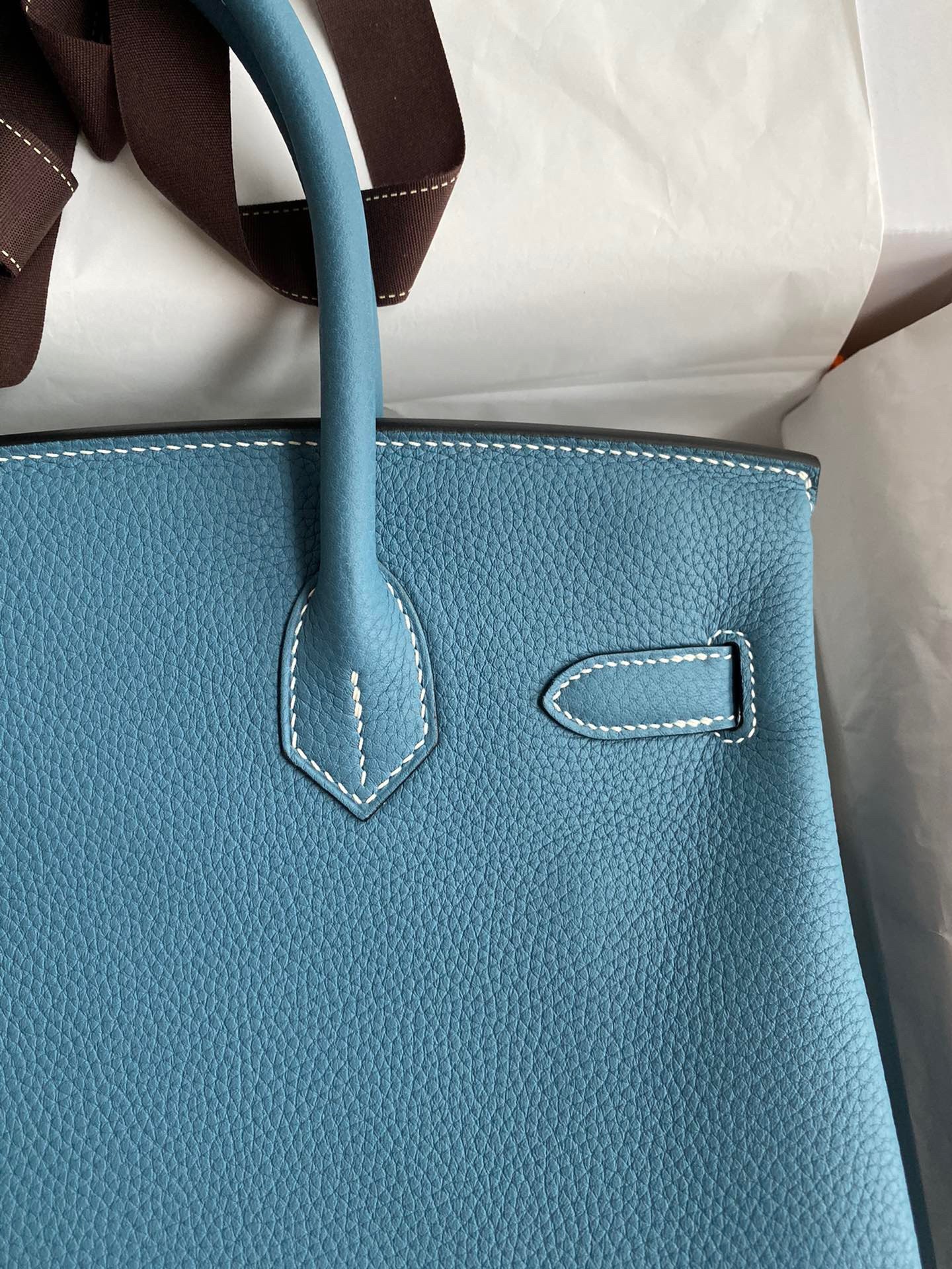 H**mes birkin 30 retourne handmade bag in blue jean clemence leather