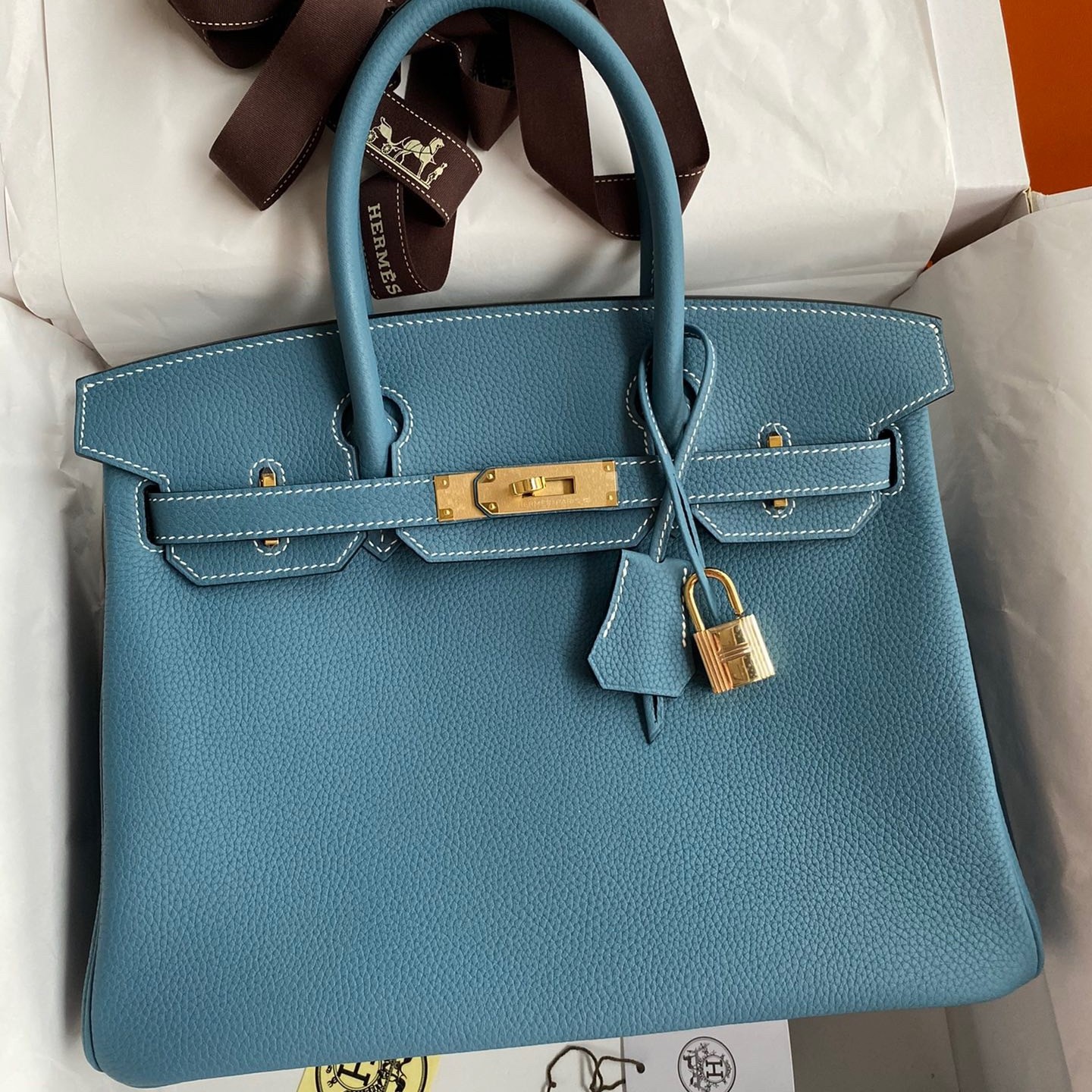 H**mes birkin 30 retourne handmade bag in blue jean clemence leather