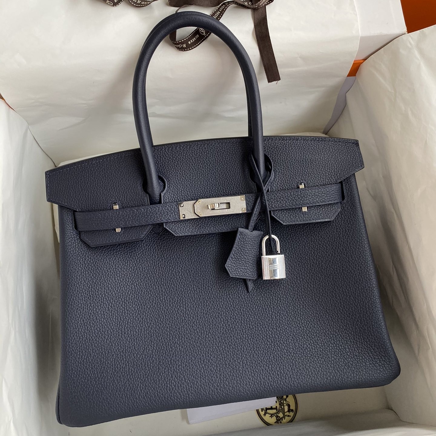 H**mes birkin 30 retourne handmade bag in blue nuit clemence leather