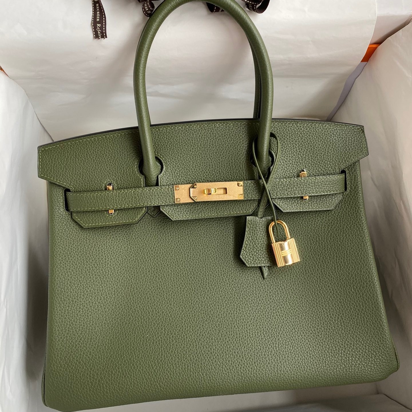 H**mes birkin 30 retourne handmade bag in green clemence leather