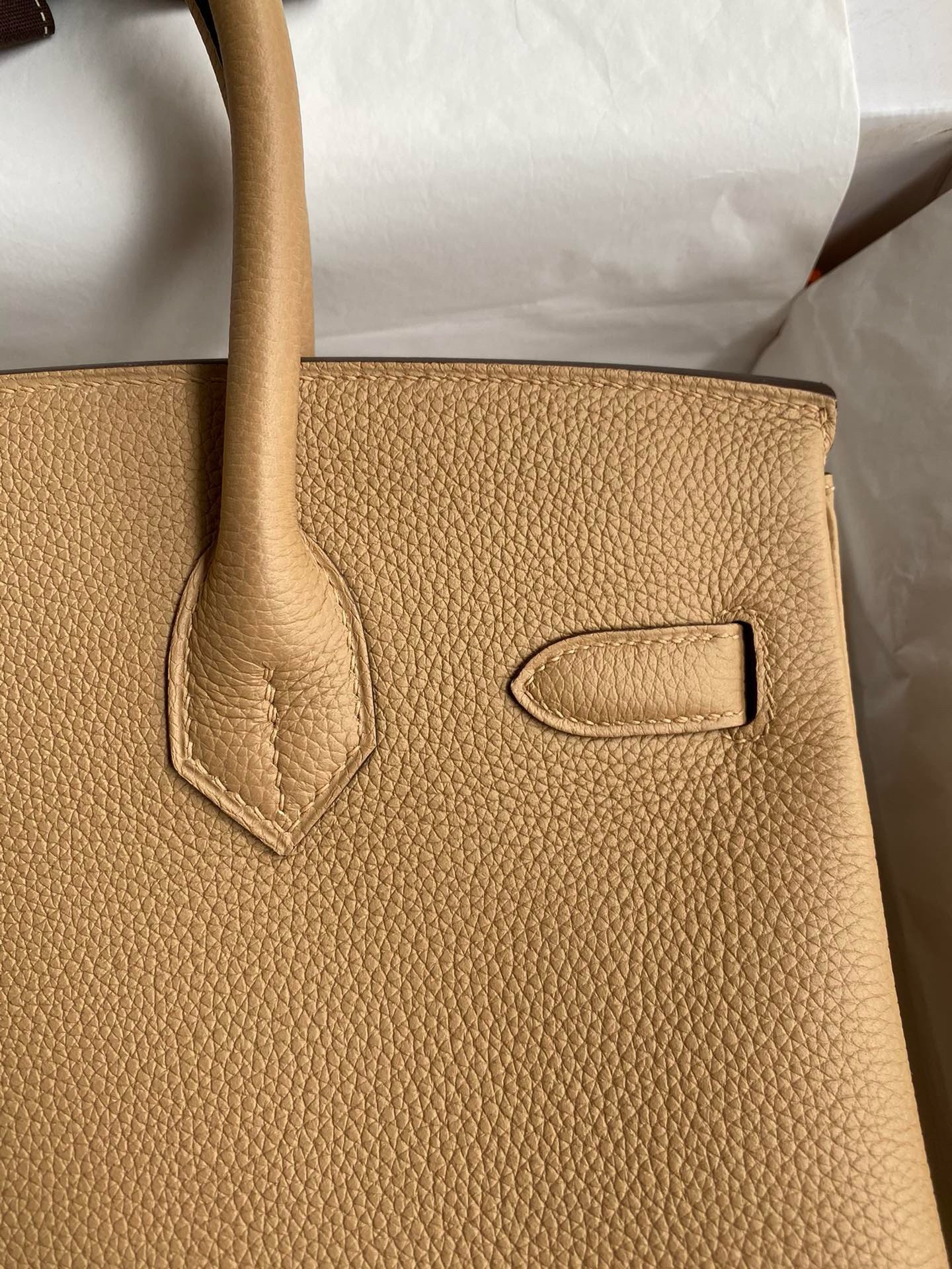 H**mes birkin 30 retourne handmade bag in chai clemence leather