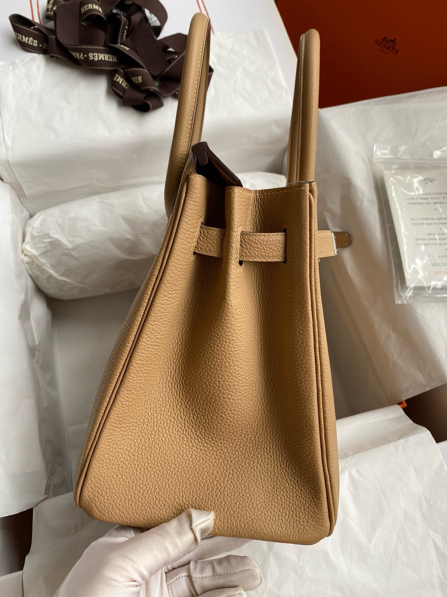 H**mes birkin 30 retourne handmade bag in chai clemence leather