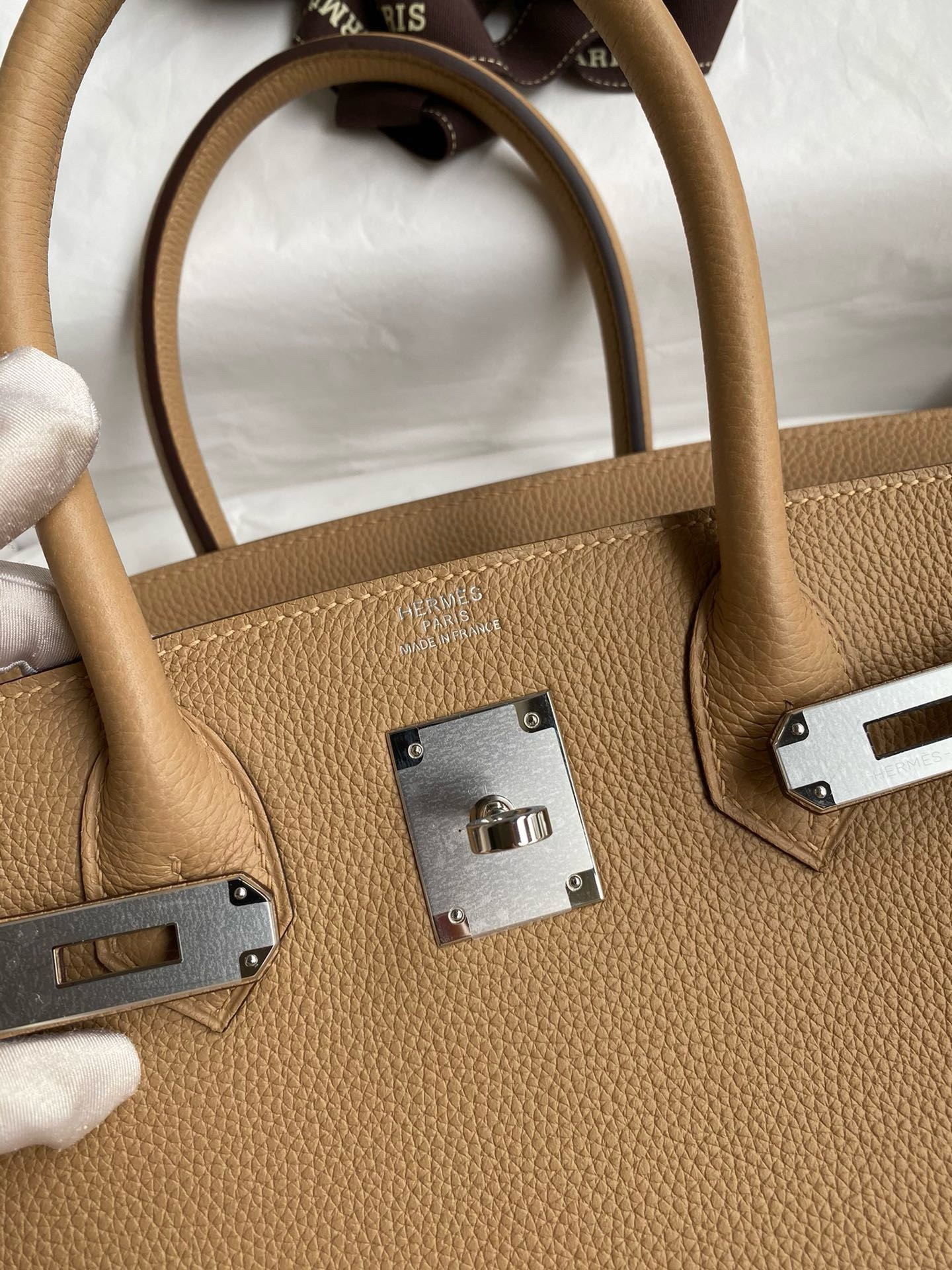 H**mes birkin 30 retourne handmade bag in chai clemence leather