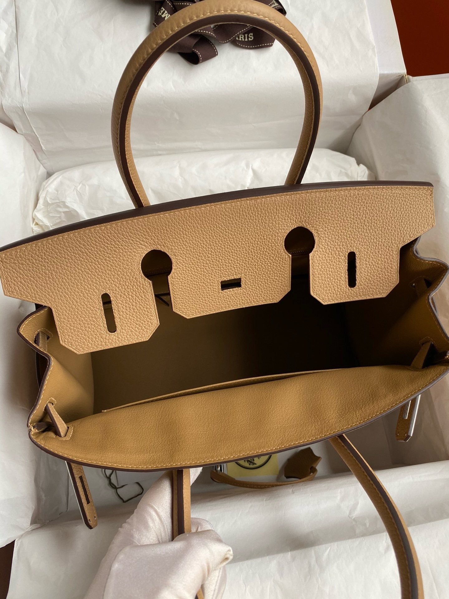 H**mes birkin 30 retourne handmade bag in chai clemence leather