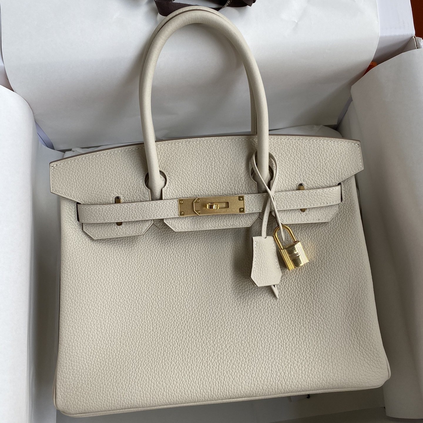 H**mes birkin 30 retourne handmade bag in craie clemence leather