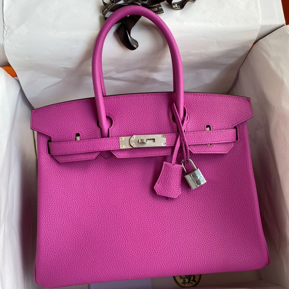 H**mes birkin 30 retourne handmade bag in magnolia clemence leather