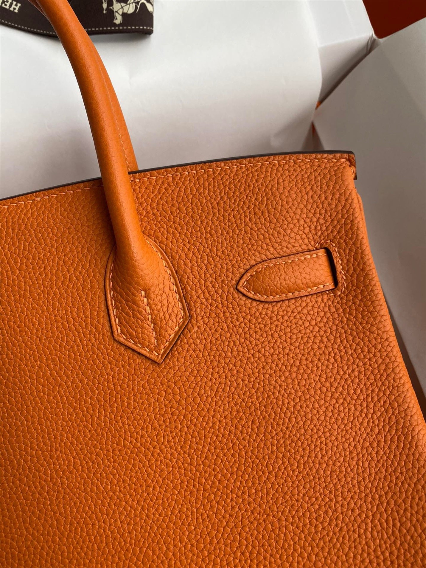 H**mes birkin 30 retourne handmade bag in orange clemence leather