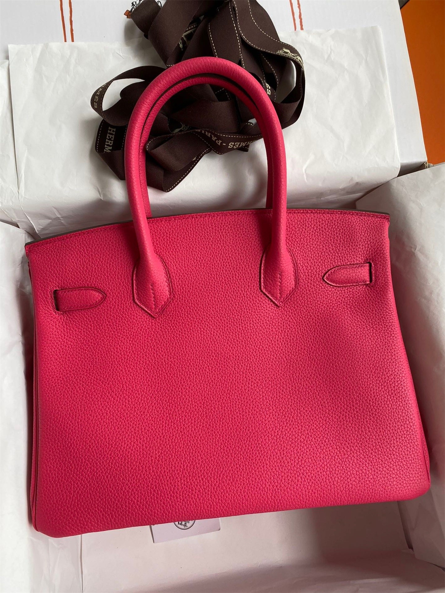 H**mes birkin 30 retourne handmade bag in rose red clemence leather
