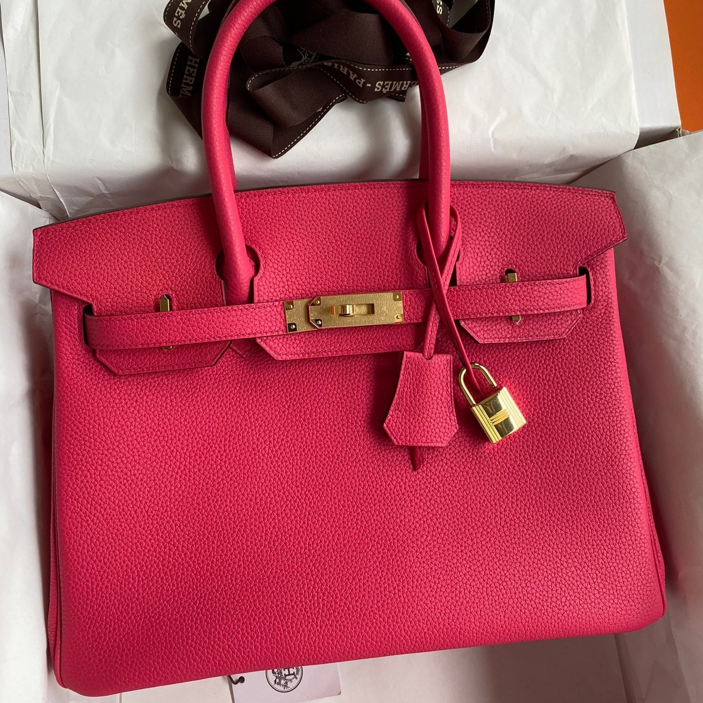H**mes birkin 30 retourne handmade bag in rose red clemence leather