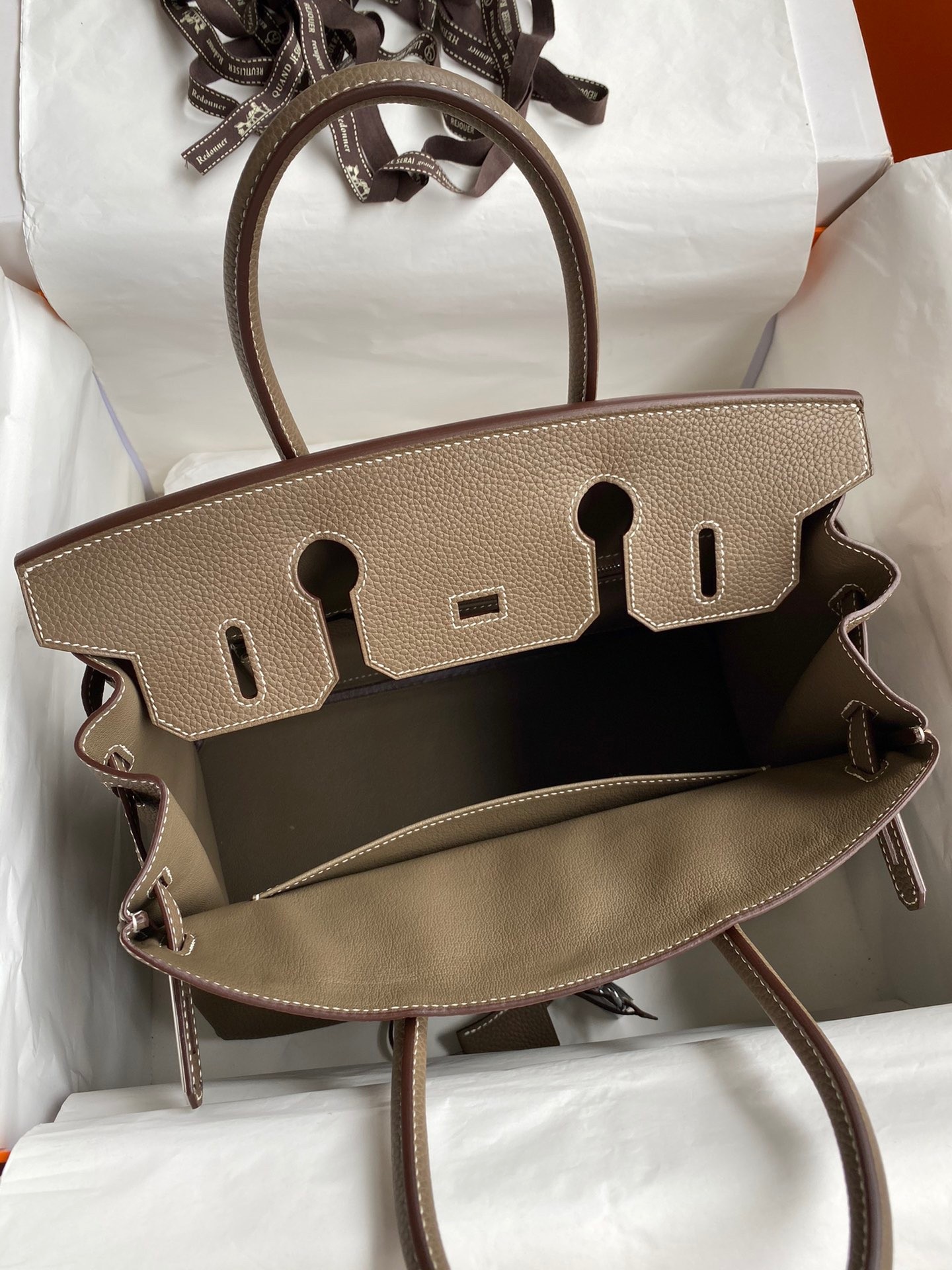 H**mes birkin 30 retourne handmade bag in taupe clemence leather