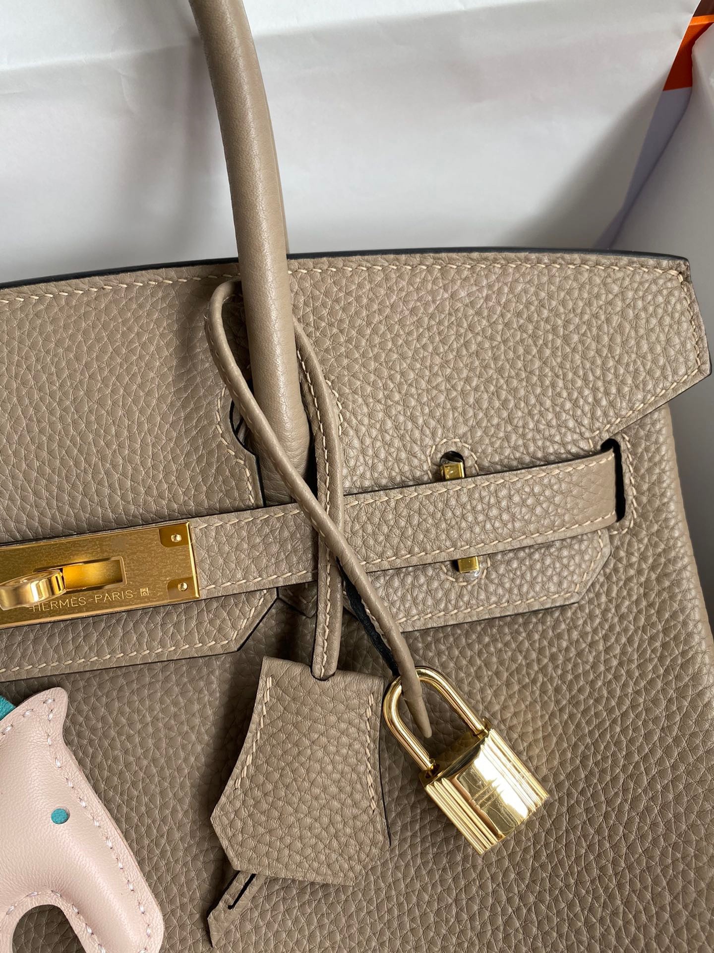 H**mes birkin 30 retourne handmade bag in gris tourterelle clemence leather