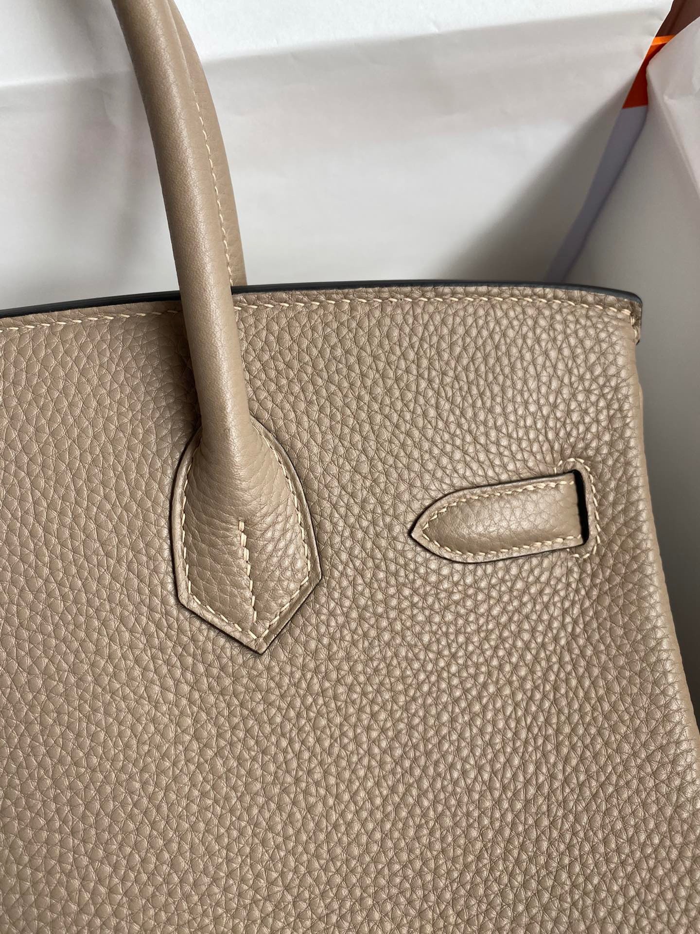 H**mes birkin 30 retourne handmade bag in gris tourterelle clemence leather